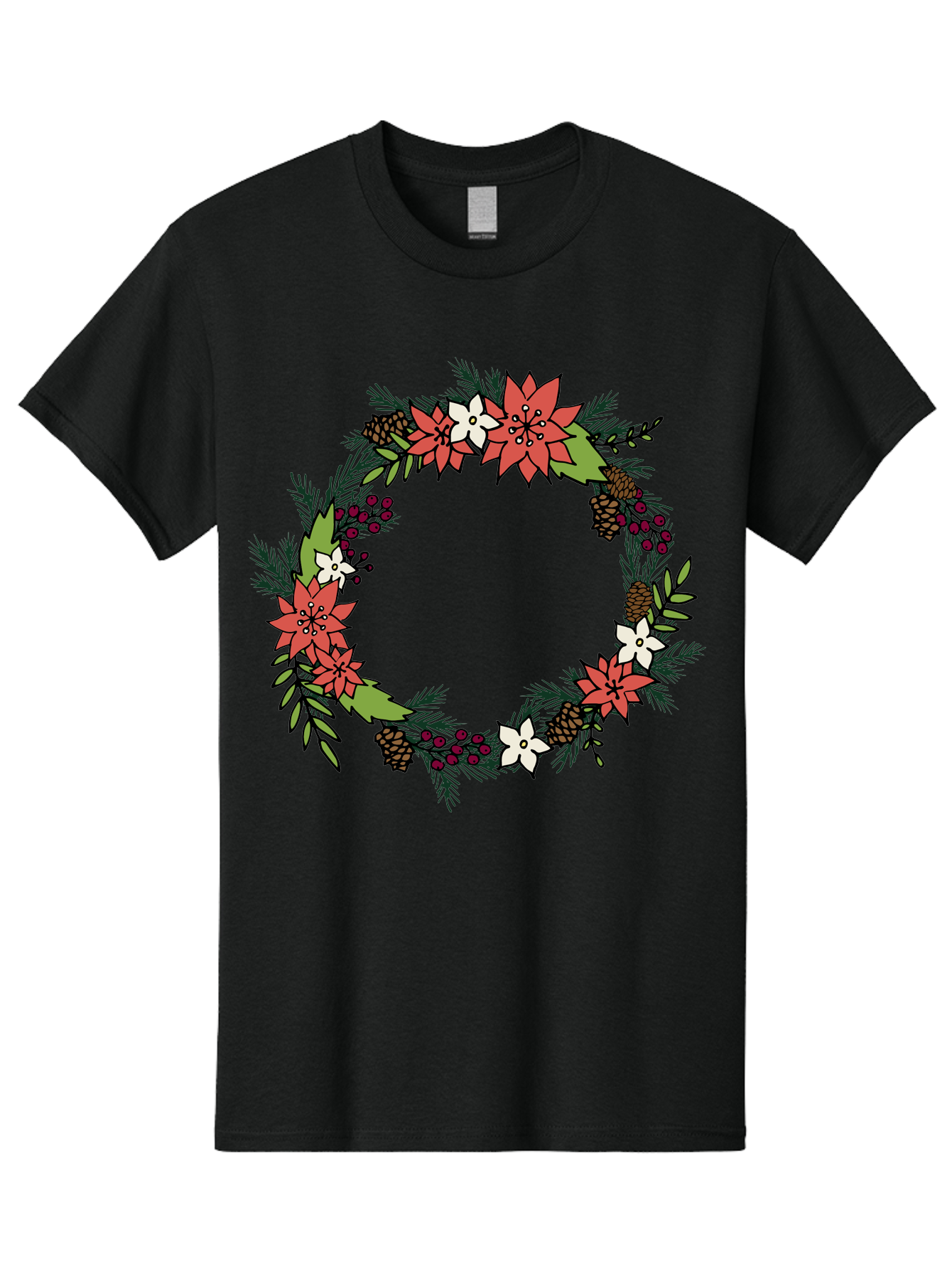 Christmas-Wreath Men'S Graphic Tee, 100% Cotton, Comfortable Casual Summer Wear, Machine Washable, Christmas Wreath, Holiday Decor, Festive Flowers, Red And White Blooms, Pinecones, Evergreen Branches, Seasonal Decoration, - Aaa831