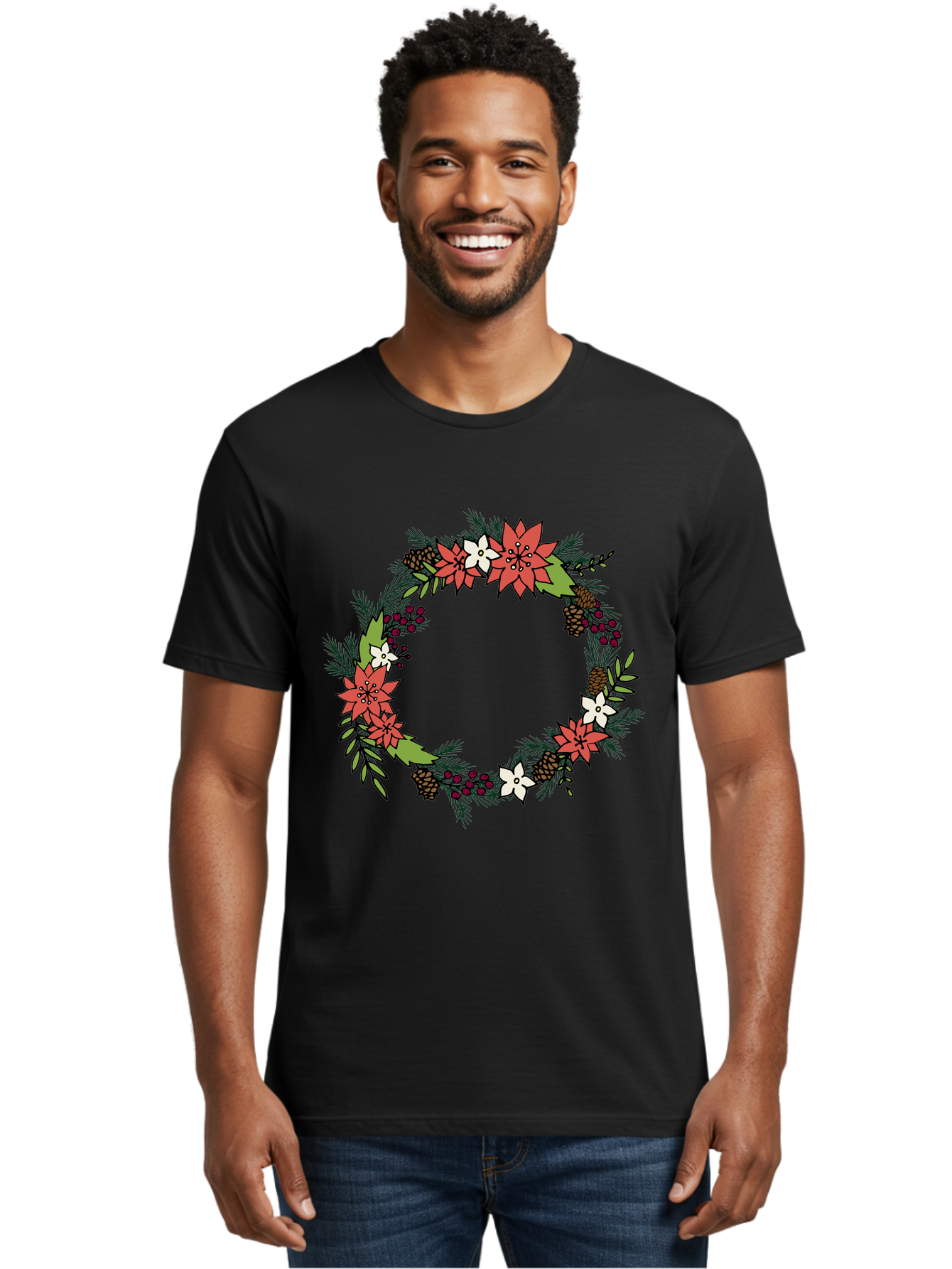 Christmas-Wreath Men'S Graphic Tee, 100% Cotton, Comfortable Casual Summer Wear, Machine Washable, Christmas Wreath, Holiday Decor, Festive Flowers, Red And White Blooms, Pinecones, Evergreen Branches, Seasonal Decoration, - Aaa831