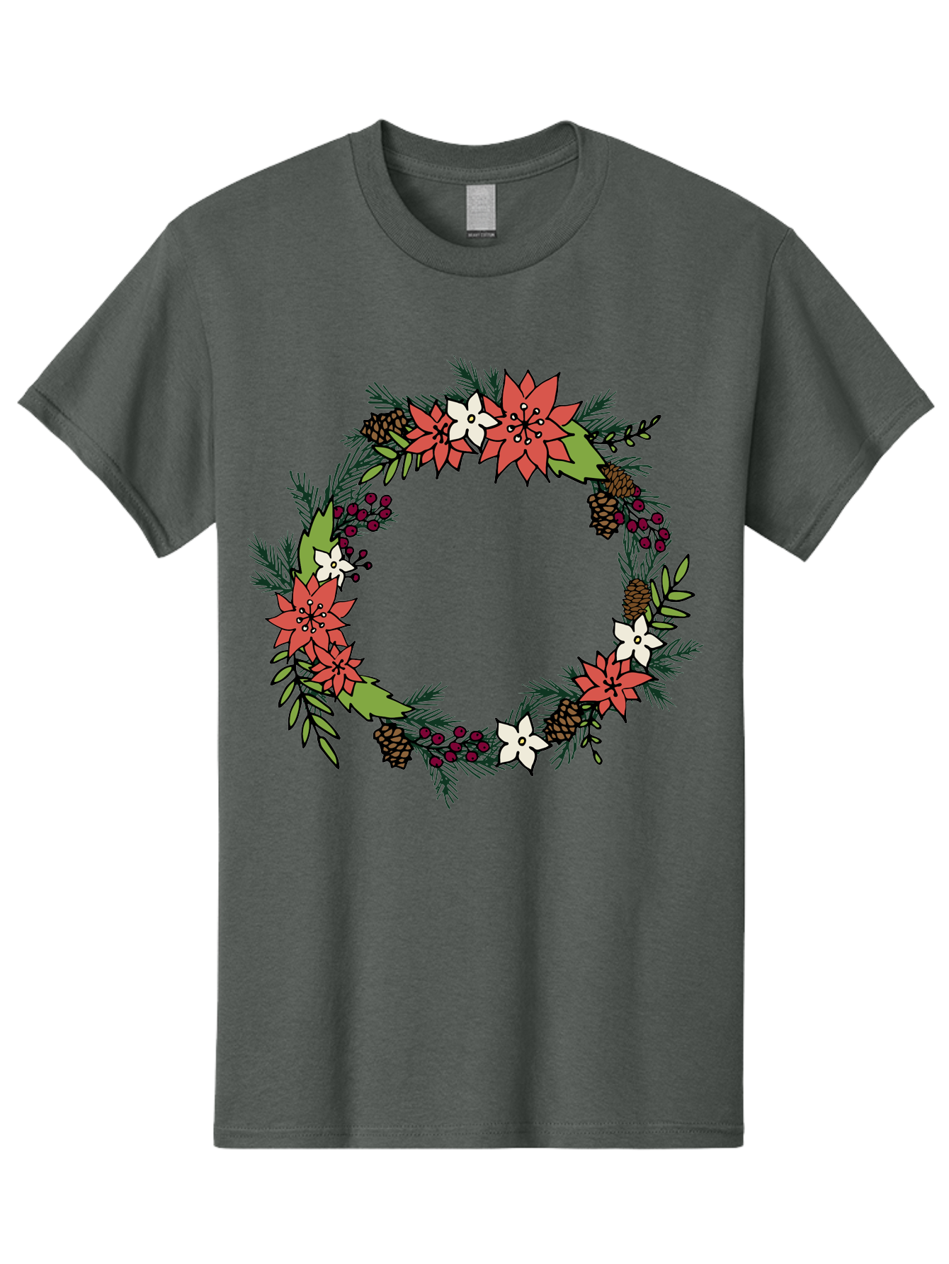 Christmas-Wreath Men'S Graphic Tee, 100% Cotton, Comfortable Casual Summer Wear, Machine Washable, Christmas Wreath, Holiday Decor, Festive Flowers, Red And White Blooms, Pinecones, Evergreen Branches, Seasonal Decoration, - Aaa831