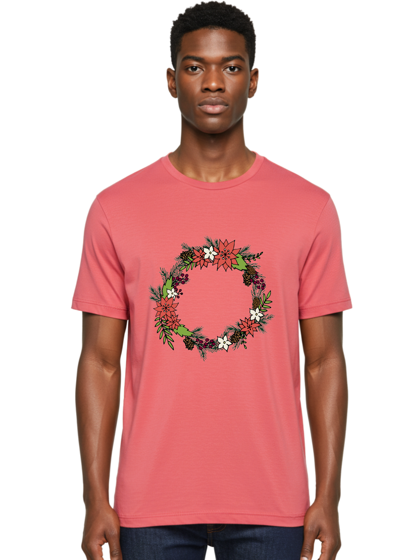 Christmas-Wreath Men'S Graphic Tee, 100% Cotton, Comfortable Casual Summer Wear, Machine Washable, Christmas Wreath, Holiday Decor, Festive Flowers, Red And White Blooms, Pinecones, Evergreen Branches, Seasonal Decoration, - Aaa831