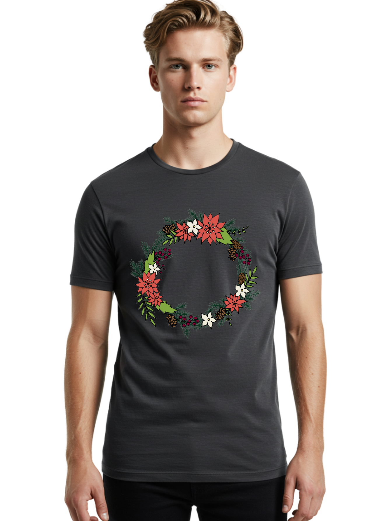 Christmas-Wreath Men'S Graphic Tee, 100% Cotton, Comfortable Casual Summer Wear, Machine Washable, Christmas Wreath, Holiday Decor, Festive Flowers, Red And White Blooms, Pinecones, Evergreen Branches, Seasonal Decoration, - Aaa831