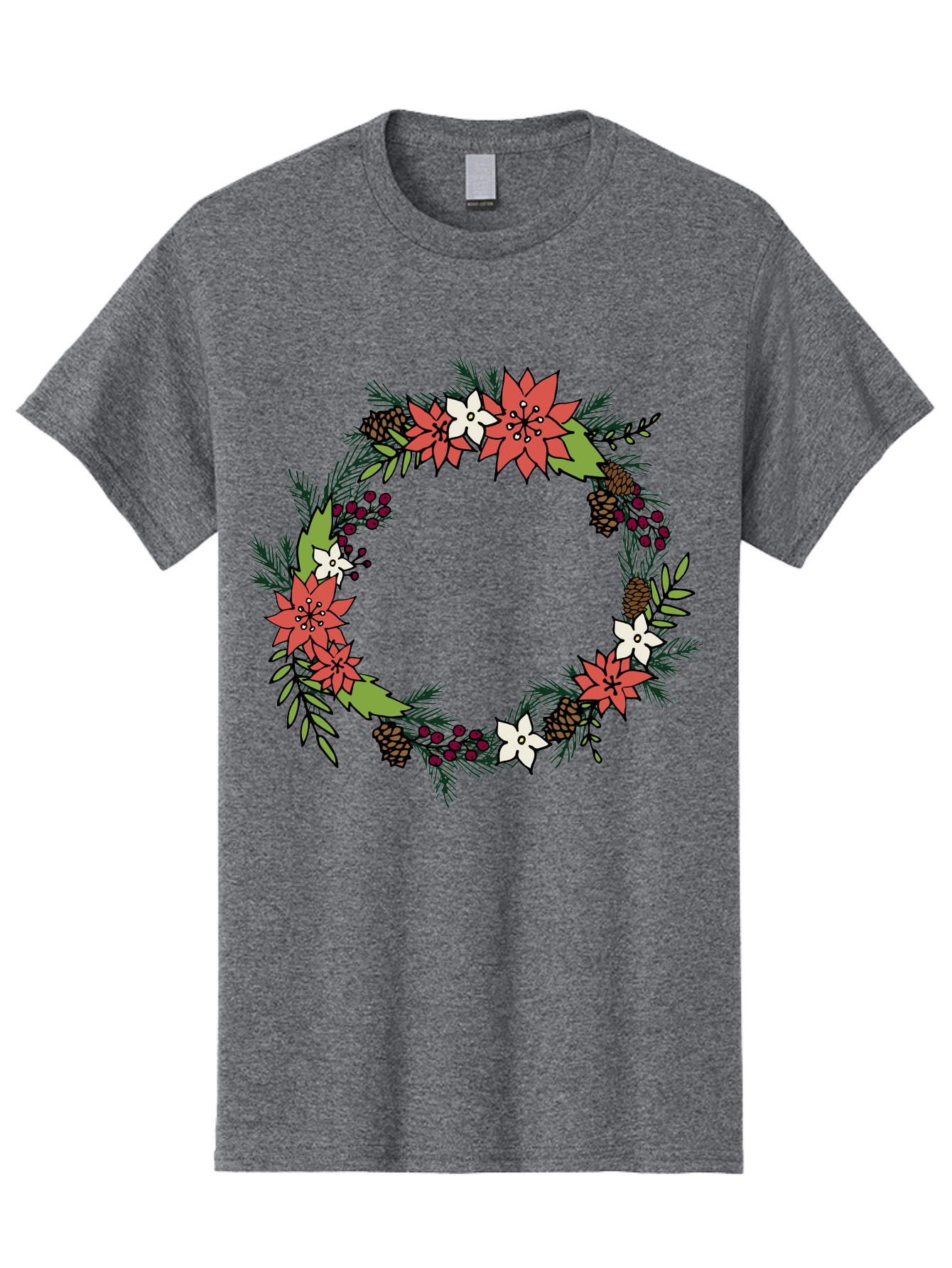 Christmas-Wreath Men'S Graphic Tee, 100% Cotton, Comfortable Casual Summer Wear, Machine Washable, Christmas Wreath, Holiday Decor, Festive Flowers, Red And White Blooms, Pinecones, Evergreen Branches, Seasonal Decoration, - Aaa831
