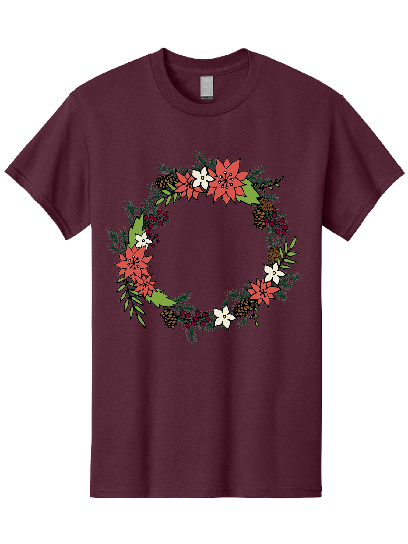 Christmas-Wreath Men'S Graphic Tee, 100% Cotton, Comfortable Casual Summer Wear, Machine Washable, Christmas Wreath, Holiday Decor, Festive Flowers, Red And White Blooms, Pinecones, Evergreen Branches, Seasonal Decoration, - Aaa831