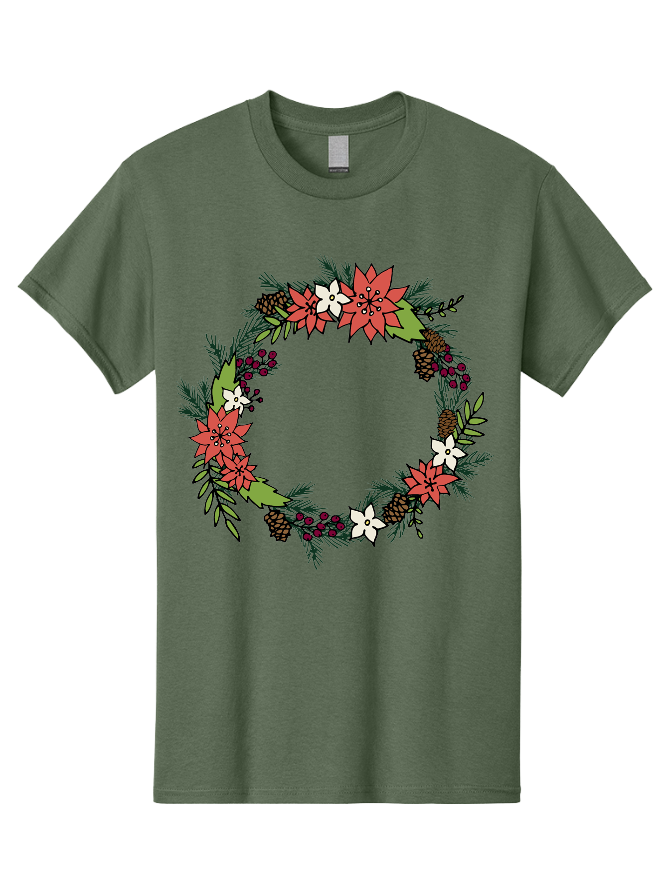 Christmas-Wreath Men'S Graphic Tee, 100% Cotton, Comfortable Casual Summer Wear, Machine Washable, Christmas Wreath, Holiday Decor, Festive Flowers, Red And White Blooms, Pinecones, Evergreen Branches, Seasonal Decoration, - Aaa831