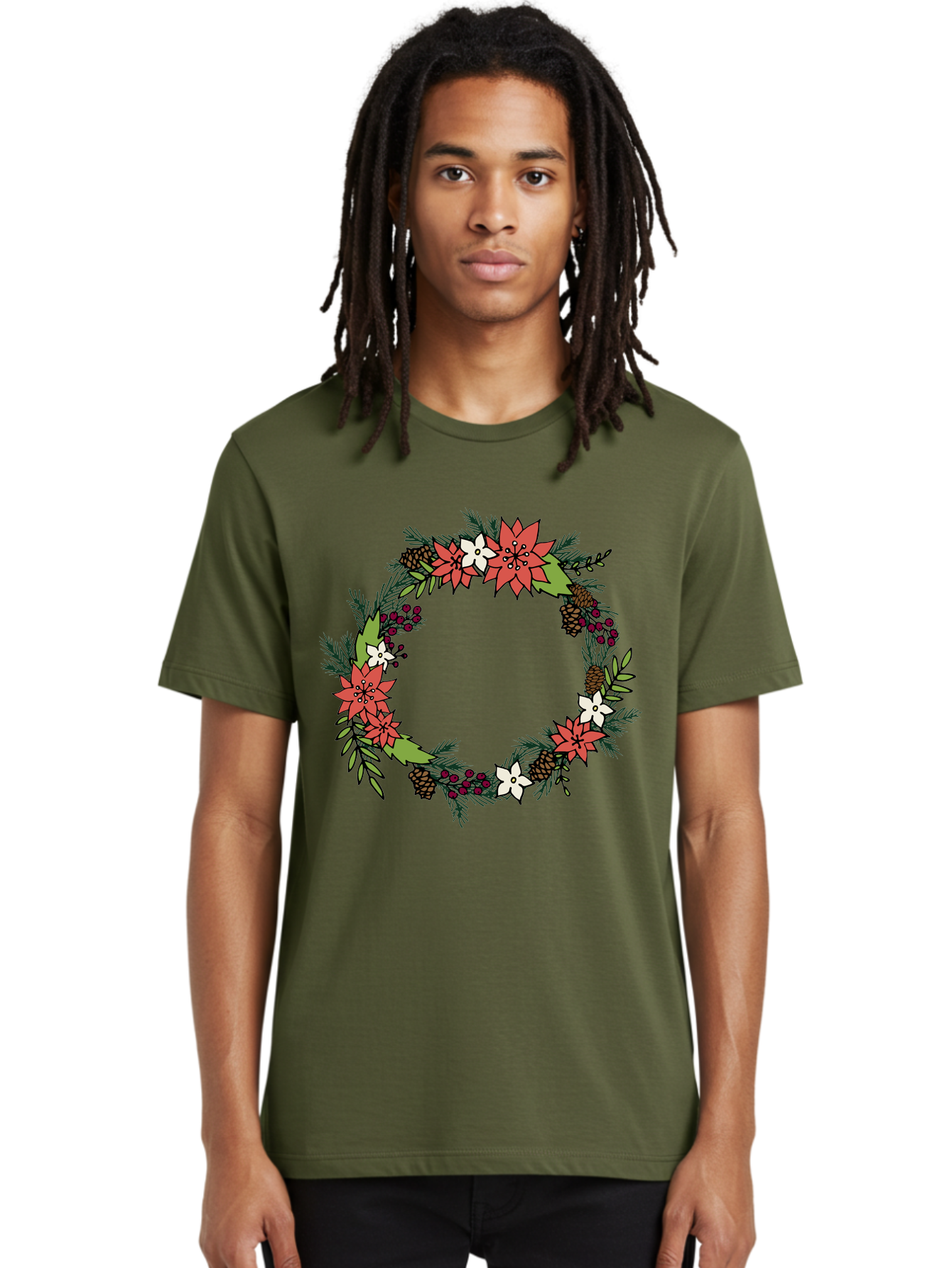 Christmas-Wreath Men'S Graphic Tee, 100% Cotton, Comfortable Casual Summer Wear, Machine Washable, Christmas Wreath, Holiday Decor, Festive Flowers, Red And White Blooms, Pinecones, Evergreen Branches, Seasonal Decoration, - Aaa831