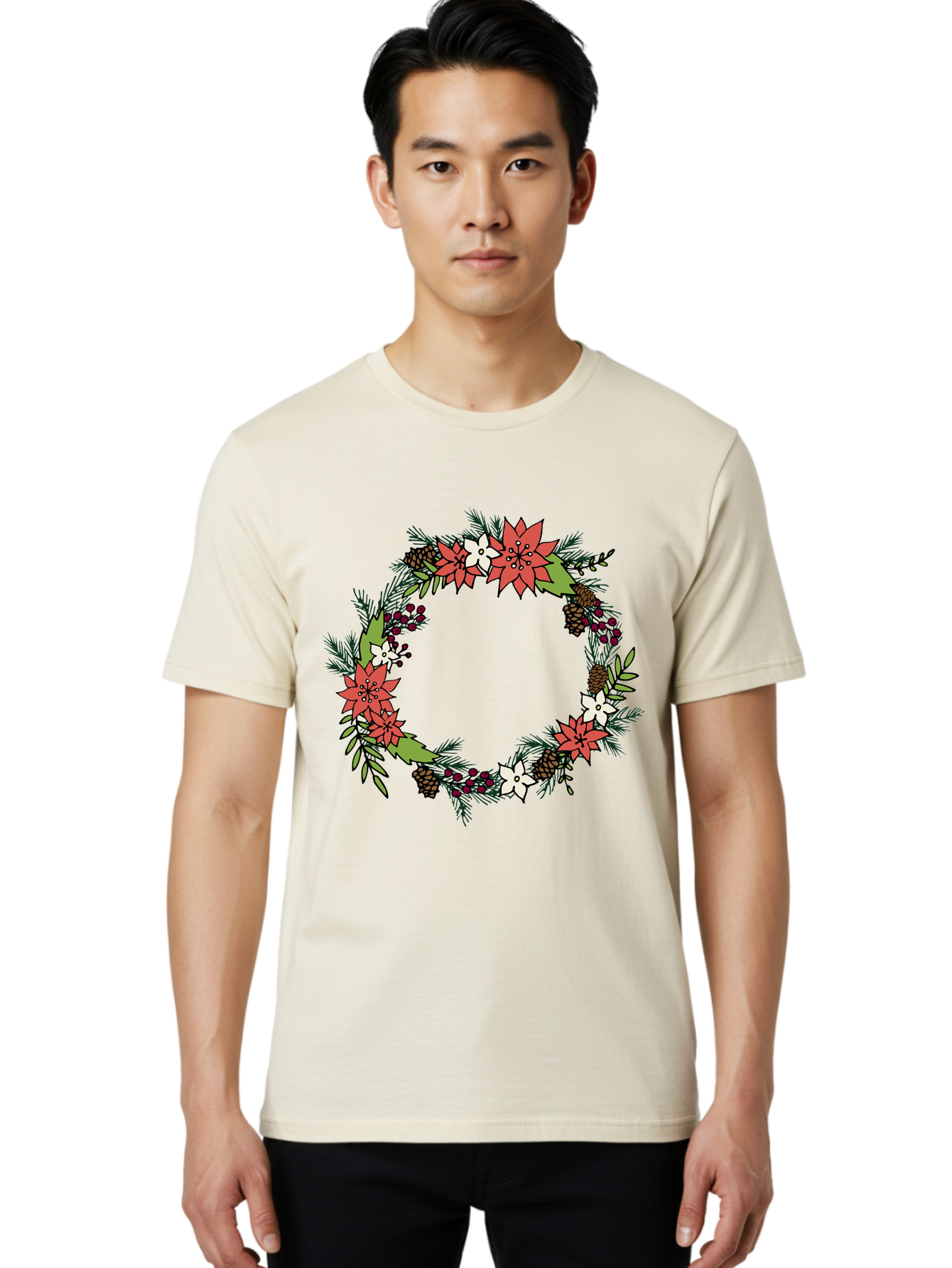 Christmas-Wreath Men'S Graphic Tee, 100% Cotton, Comfortable Casual Summer Wear, Machine Washable, Christmas Wreath, Holiday Decor, Festive Flowers, Red And White Blooms, Pinecones, Evergreen Branches, Seasonal Decoration, - Aaa831