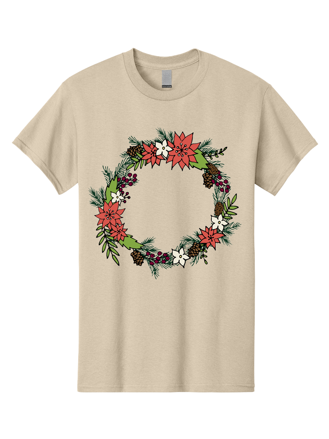 Christmas-Wreath Men'S Graphic Tee, 100% Cotton, Comfortable Casual Summer Wear, Machine Washable, Christmas Wreath, Holiday Decor, Festive Flowers, Red And White Blooms, Pinecones, Evergreen Branches, Seasonal Decoration, - Aaa831