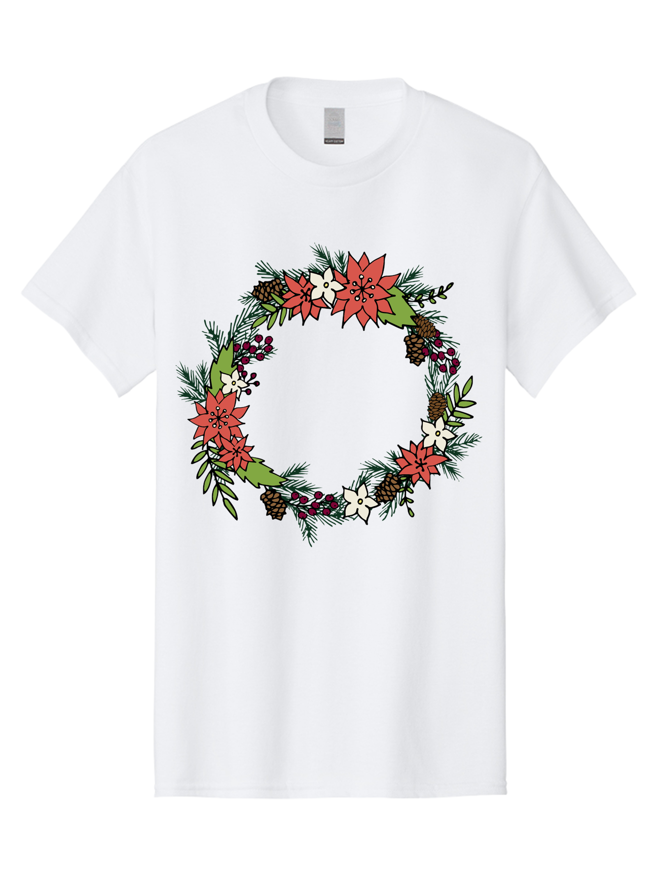 Christmas-Wreath Men'S Graphic Tee, 100% Cotton, Comfortable Casual Summer Wear, Machine Washable, Christmas Wreath, Holiday Decor, Festive Flowers, Red And White Blooms, Pinecones, Evergreen Branches, Seasonal Decoration, - Aaa831