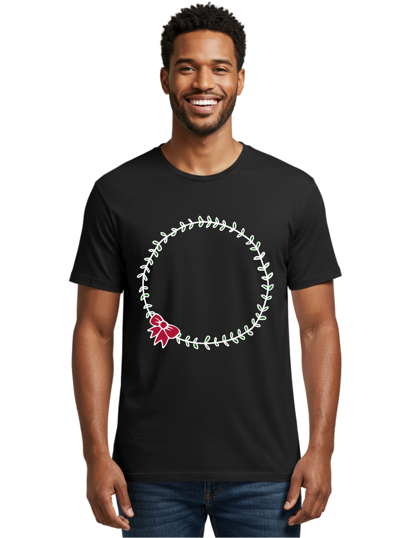 Circular-Wreath-With-Red-Bow Men'S Graphic Tee, 100% Cotton, Comfortable Casual Summer Wear, Machine Washable, Floral Wreath, White Leaves, Red Bow, Decorative Frame, Circular Design, Elegant Border, Festive Decoration, Minimalist Style, - Aaa835
