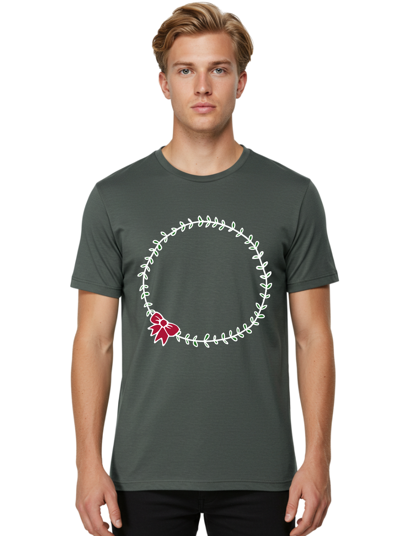 Circular-Wreath-With-Red-Bow Men'S Graphic Tee, 100% Cotton, Comfortable Casual Summer Wear, Machine Washable, Floral Wreath, White Leaves, Red Bow, Decorative Frame, Circular Design, Elegant Border, Festive Decoration, Minimalist Style, - Aaa835