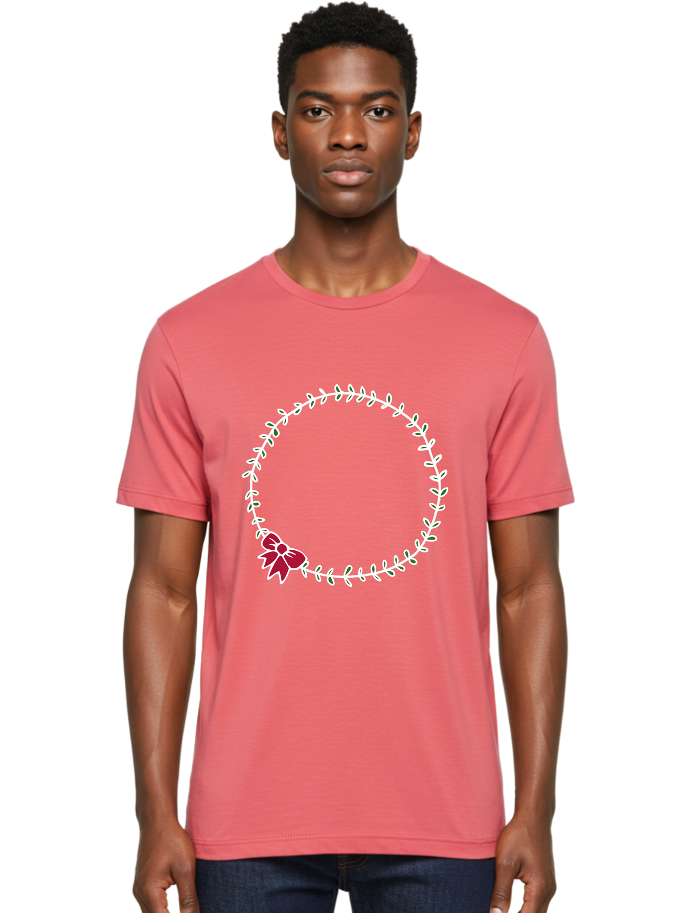 Circular-Wreath-With-Red-Bow Men'S Graphic Tee, 100% Cotton, Comfortable Casual Summer Wear, Machine Washable, Floral Wreath, White Leaves, Red Bow, Decorative Frame, Circular Design, Elegant Border, Festive Decoration, Minimalist Style, - Aaa835