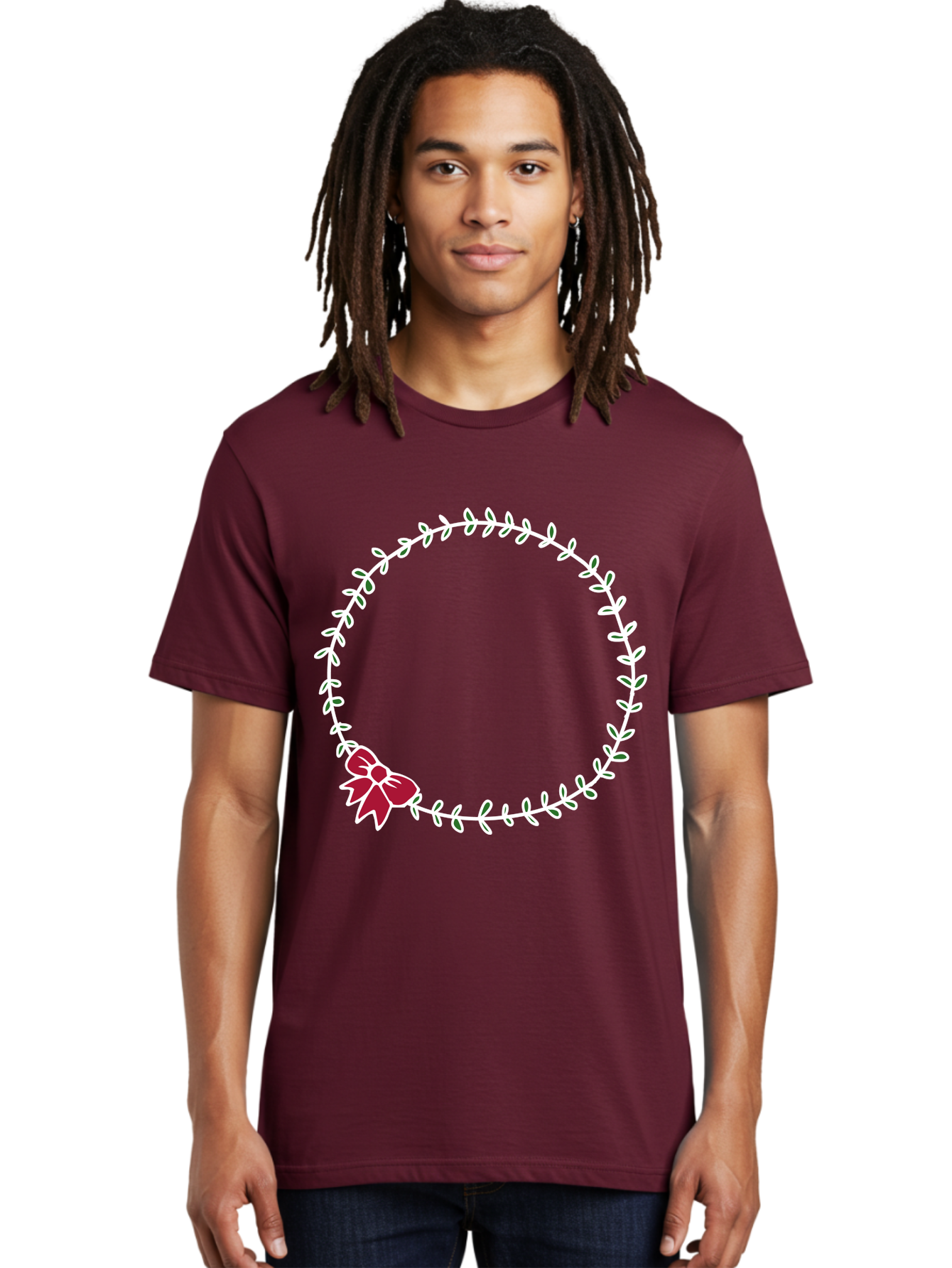 Circular-Wreath-With-Red-Bow Men'S Graphic Tee, 100% Cotton, Comfortable Casual Summer Wear, Machine Washable, Floral Wreath, White Leaves, Red Bow, Decorative Frame, Circular Design, Elegant Border, Festive Decoration, Minimalist Style, - Aaa835