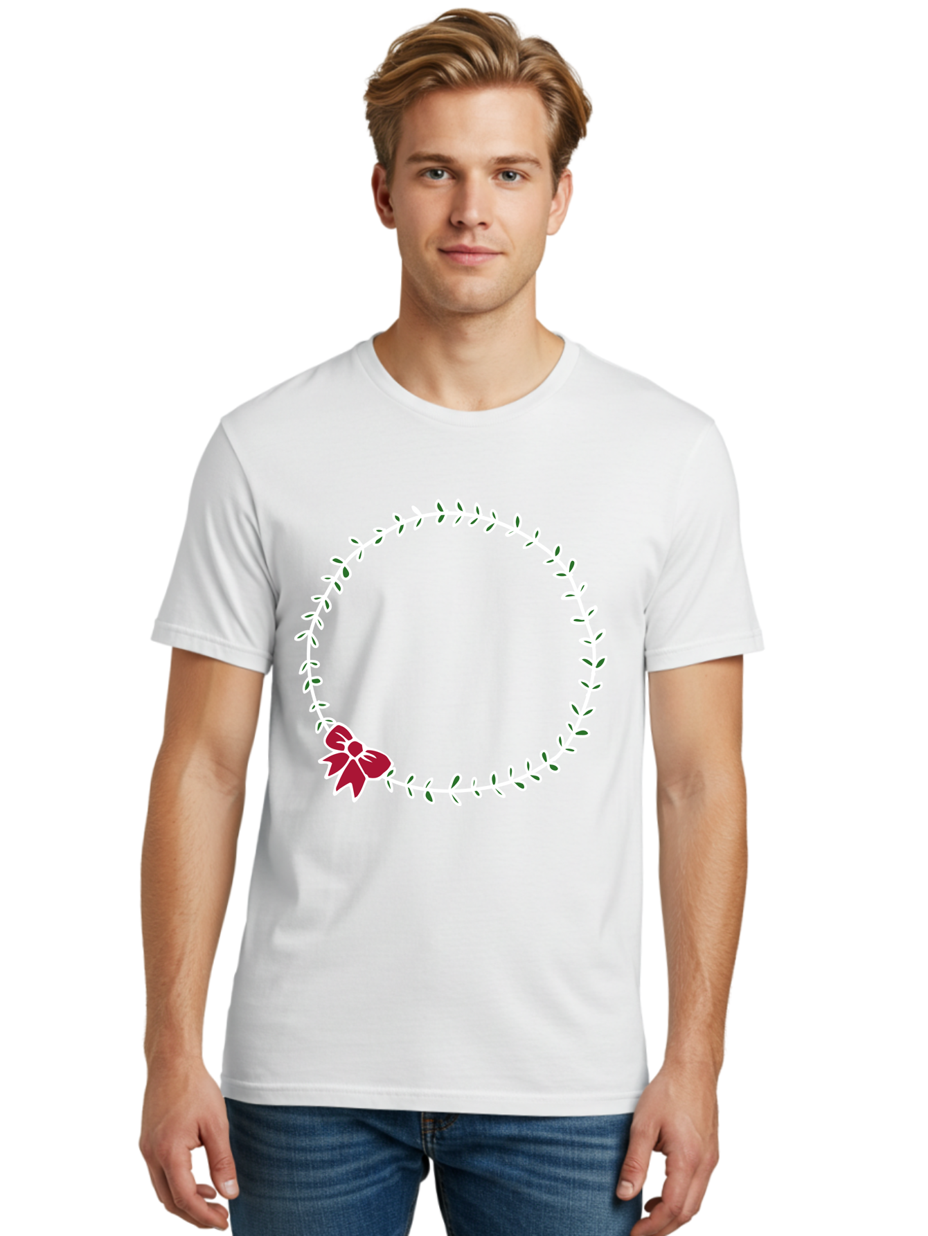 Circular-Wreath-With-Red-Bow Men'S Graphic Tee, 100% Cotton, Comfortable Casual Summer Wear, Machine Washable, Floral Wreath, White Leaves, Red Bow, Decorative Frame, Circular Design, Elegant Border, Festive Decoration, Minimalist Style, - Aaa835