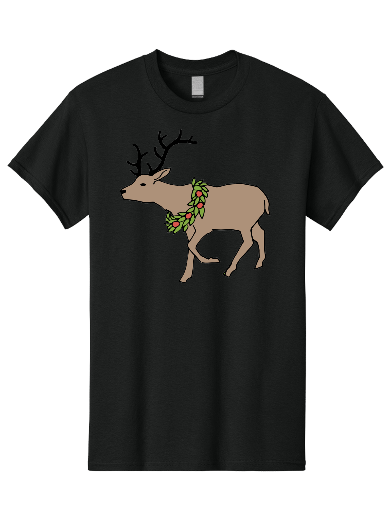 Deer-With-Holly Men'S Graphic Tee, 100% Cotton, Comfortable Casual Summer Wear, Machine Washable, Reindeer With Holly Wreath, Festive Deer, Christmas Reindeer, Holly Berries, Winter Season, Holiday Graphics, Cartoon Deer - Aaa852