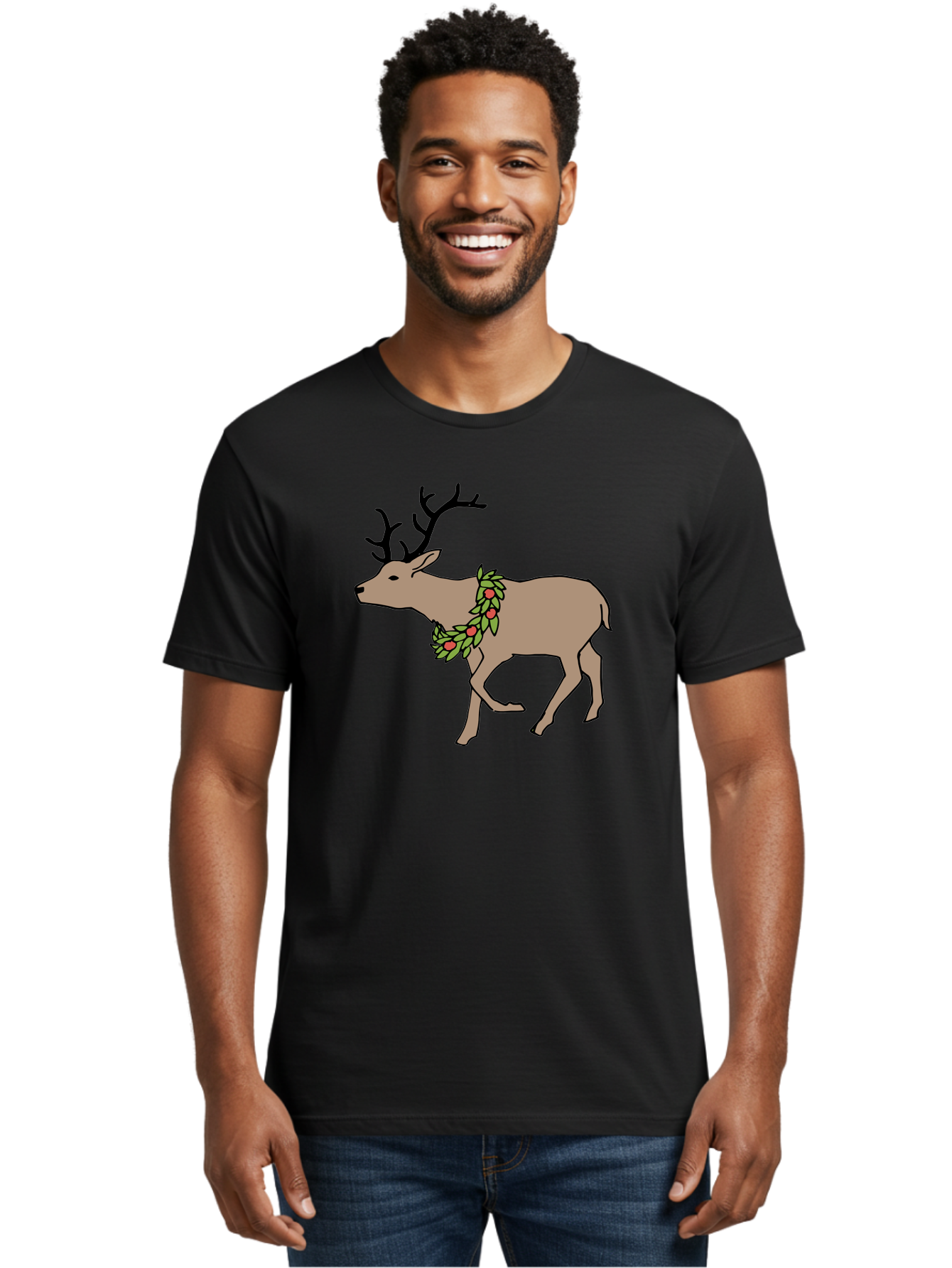 Deer-With-Holly Men'S Graphic Tee, 100% Cotton, Comfortable Casual Summer Wear, Machine Washable, Reindeer With Holly Wreath, Festive Deer, Christmas Reindeer, Holly Berries, Winter Season, Holiday Graphics, Cartoon Deer - Aaa852