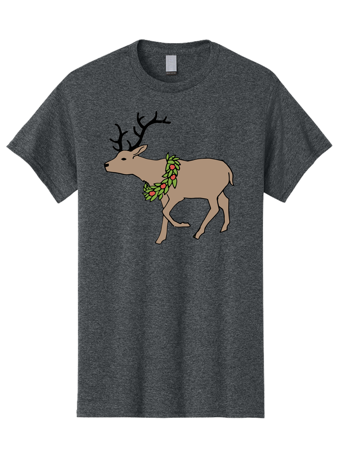 Deer-With-Holly Men'S Graphic Tee, 100% Cotton, Comfortable Casual Summer Wear, Machine Washable, Reindeer With Holly Wreath, Festive Deer, Christmas Reindeer, Holly Berries, Winter Season, Holiday Graphics, Cartoon Deer - Aaa852