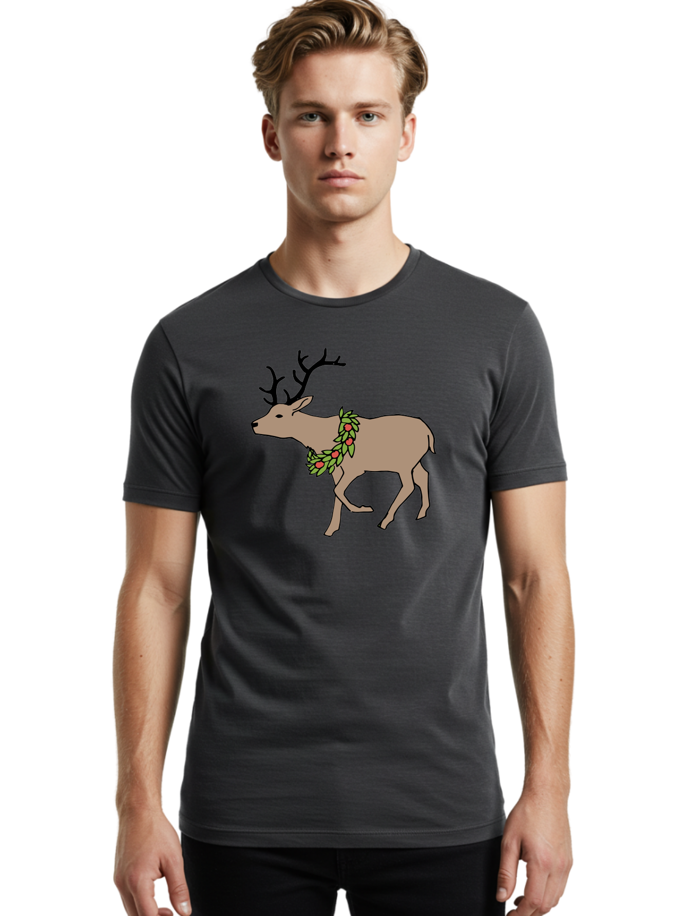 Deer-With-Holly Men'S Graphic Tee, 100% Cotton, Comfortable Casual Summer Wear, Machine Washable, Reindeer With Holly Wreath, Festive Deer, Christmas Reindeer, Holly Berries, Winter Season, Holiday Graphics, Cartoon Deer - Aaa852