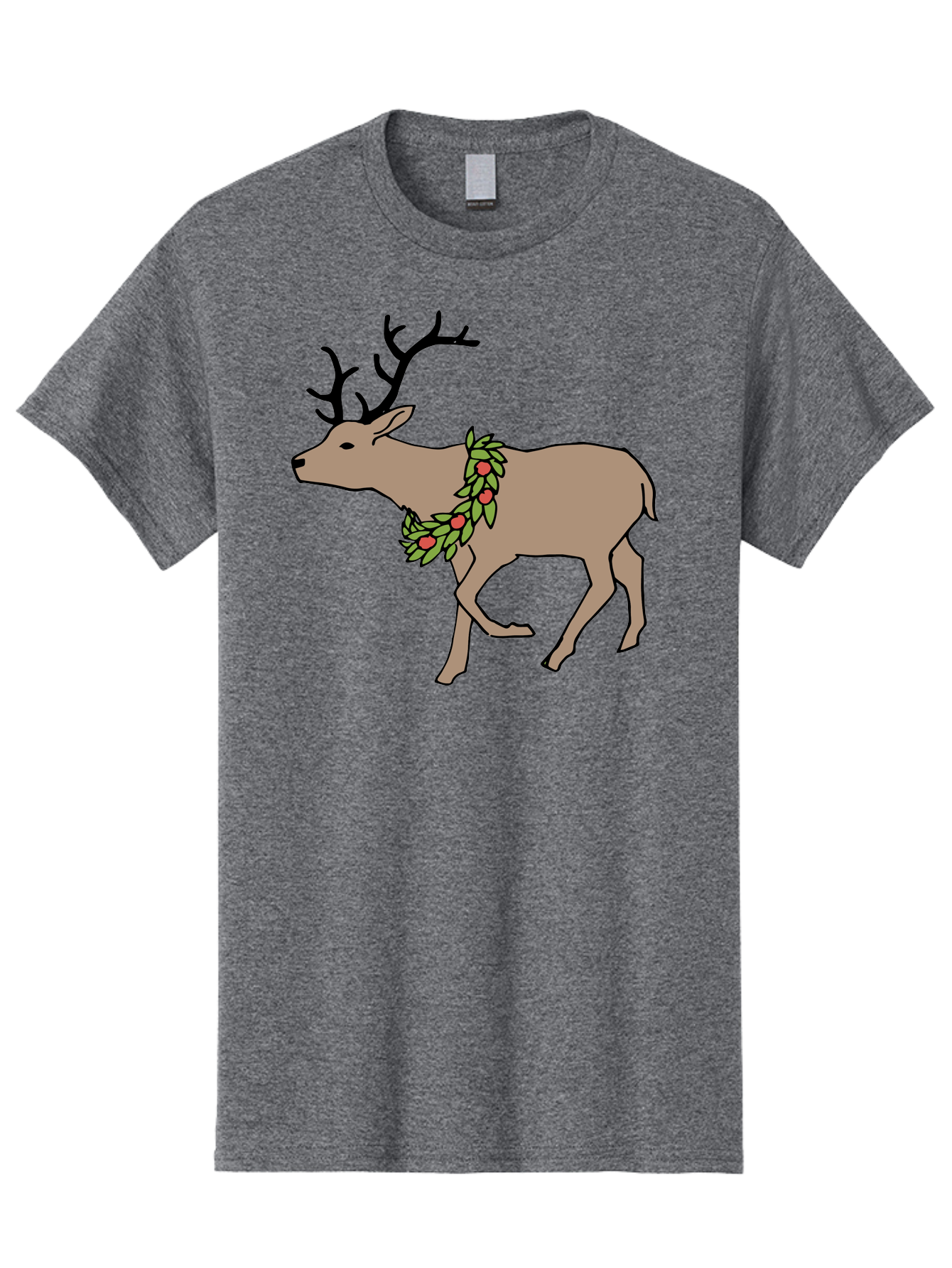 Deer-With-Holly Men'S Graphic Tee, 100% Cotton, Comfortable Casual Summer Wear, Machine Washable, Reindeer With Holly Wreath, Festive Deer, Christmas Reindeer, Holly Berries, Winter Season, Holiday Graphics, Cartoon Deer - Aaa852