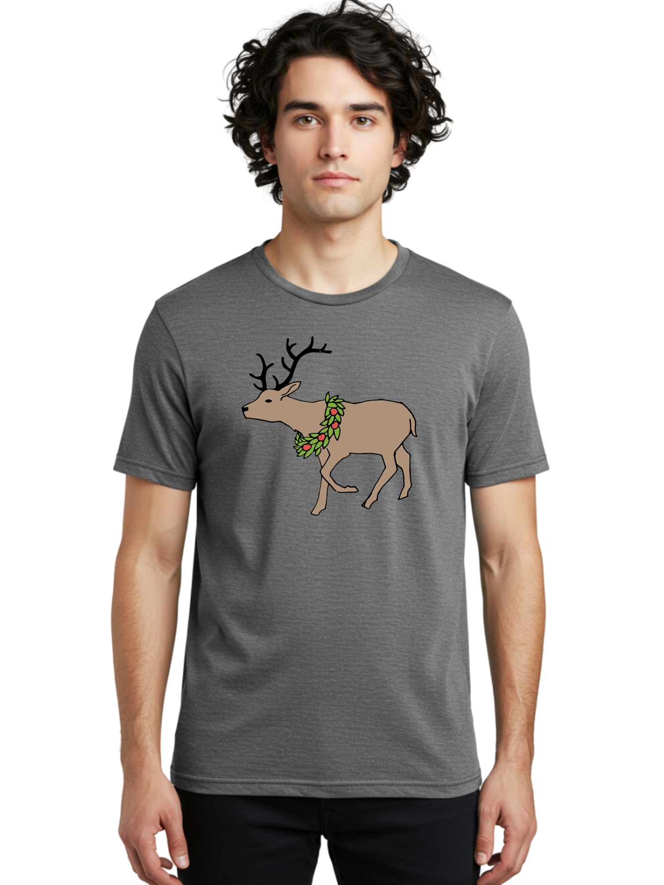 Deer-With-Holly Men'S Graphic Tee, 100% Cotton, Comfortable Casual Summer Wear, Machine Washable, Reindeer With Holly Wreath, Festive Deer, Christmas Reindeer, Holly Berries, Winter Season, Holiday Graphics, Cartoon Deer - Aaa852