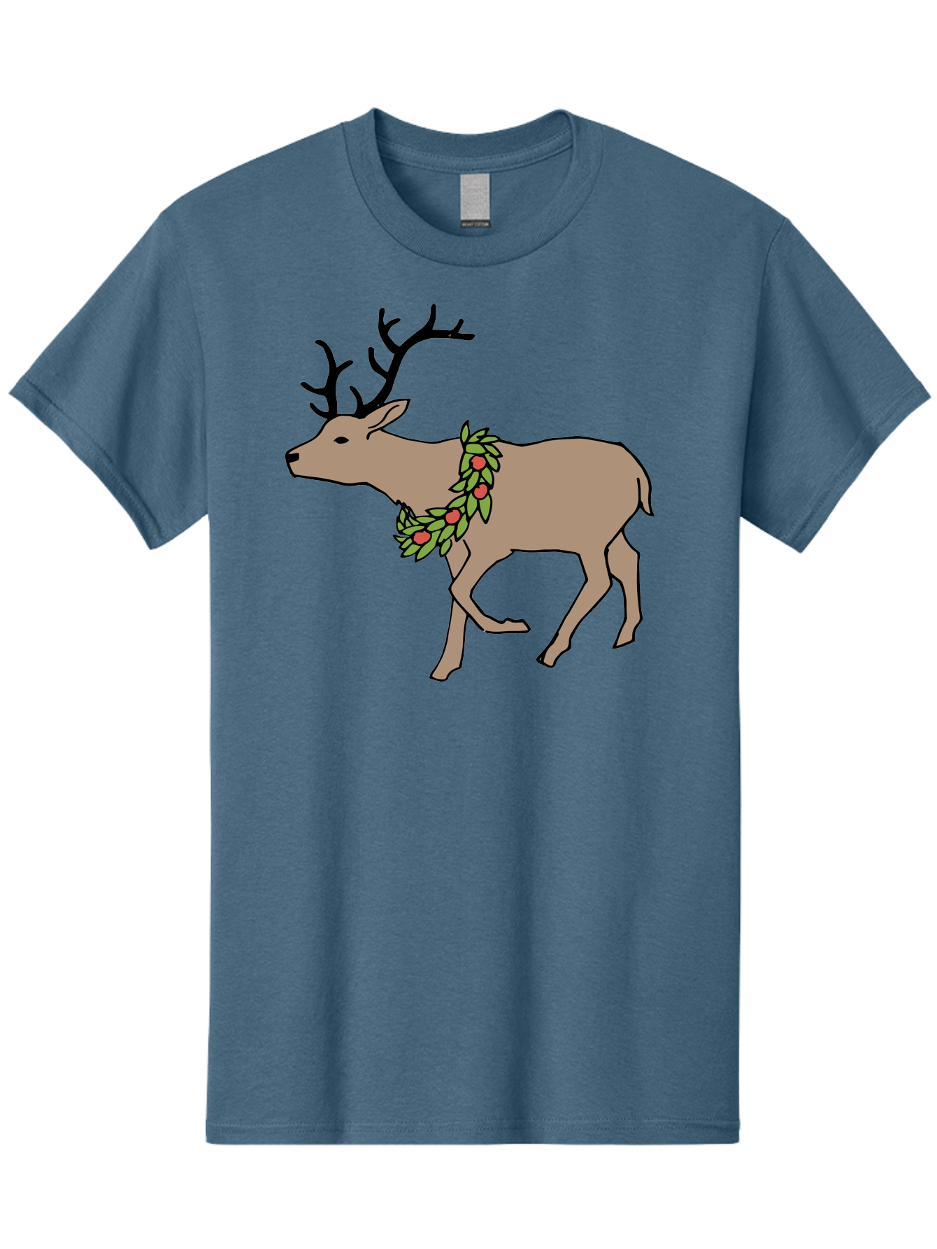 Deer-With-Holly Men'S Graphic Tee, 100% Cotton, Comfortable Casual Summer Wear, Machine Washable, Reindeer With Holly Wreath, Festive Deer, Christmas Reindeer, Holly Berries, Winter Season, Holiday Graphics, Cartoon Deer - Aaa852