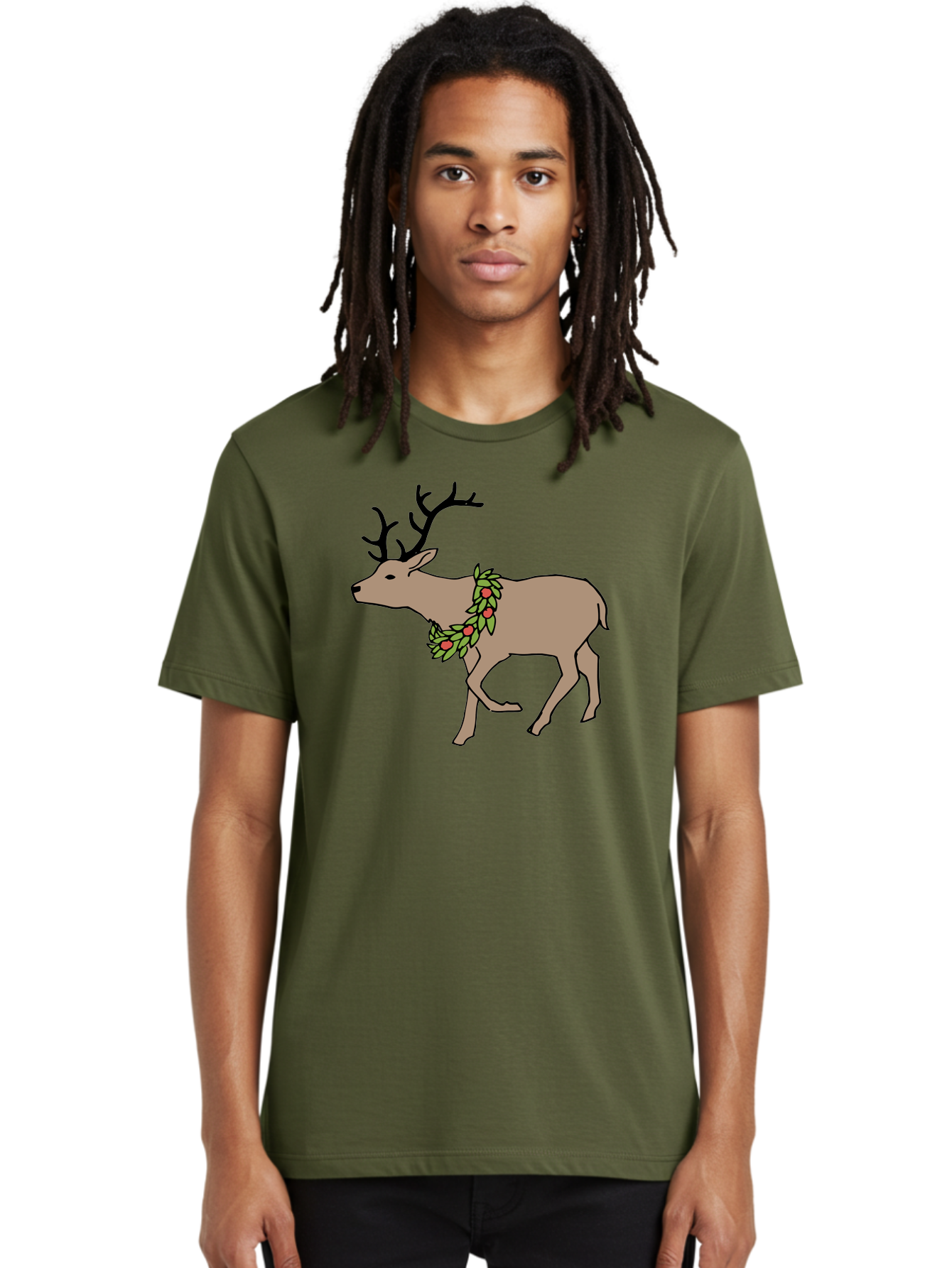 Deer-With-Holly Men'S Graphic Tee, 100% Cotton, Comfortable Casual Summer Wear, Machine Washable, Reindeer With Holly Wreath, Festive Deer, Christmas Reindeer, Holly Berries, Winter Season, Holiday Graphics, Cartoon Deer - Aaa852