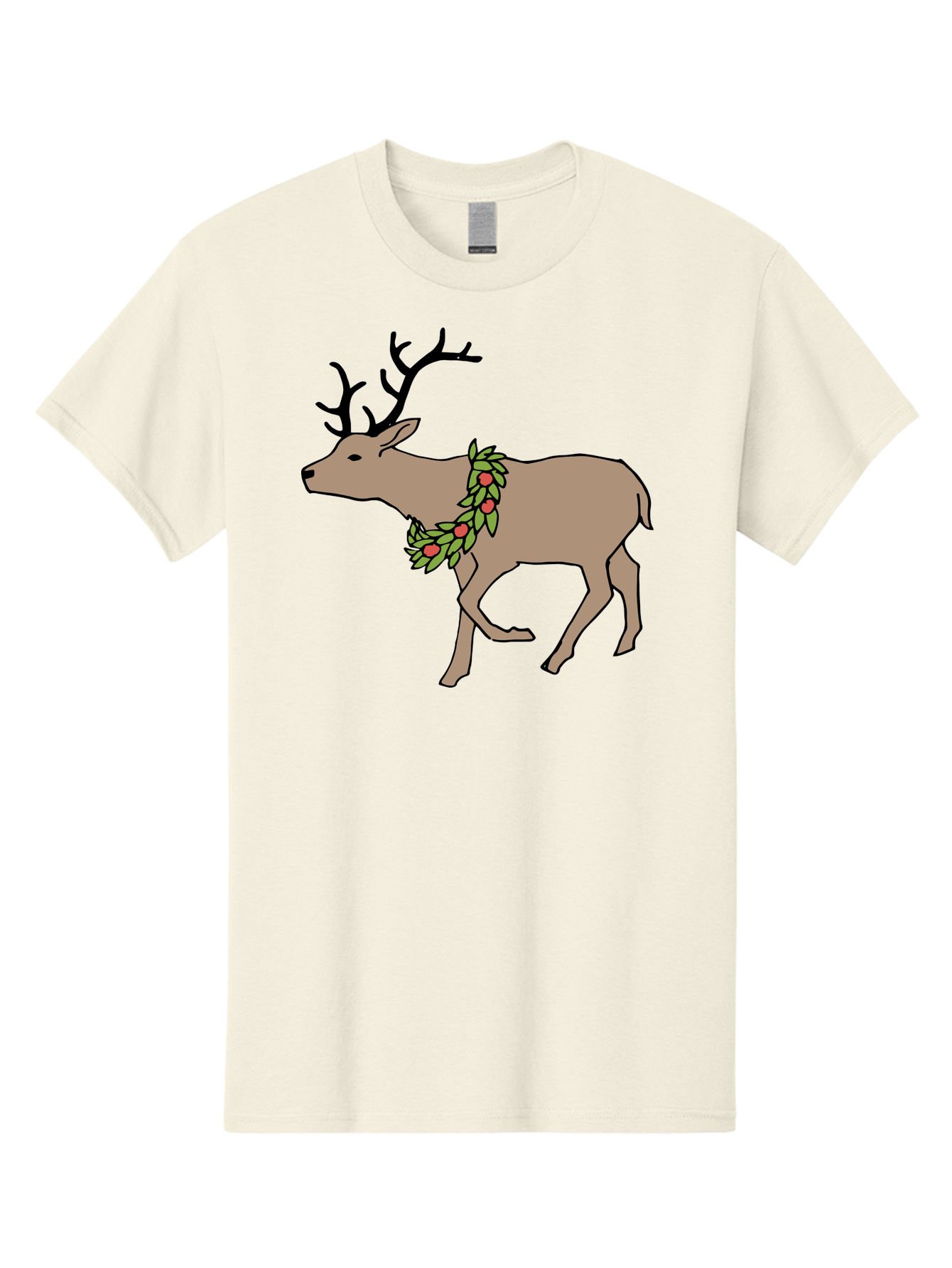 Deer-With-Holly Men'S Graphic Tee, 100% Cotton, Comfortable Casual Summer Wear, Machine Washable, Reindeer With Holly Wreath, Festive Deer, Christmas Reindeer, Holly Berries, Winter Season, Holiday Graphics, Cartoon Deer - Aaa852