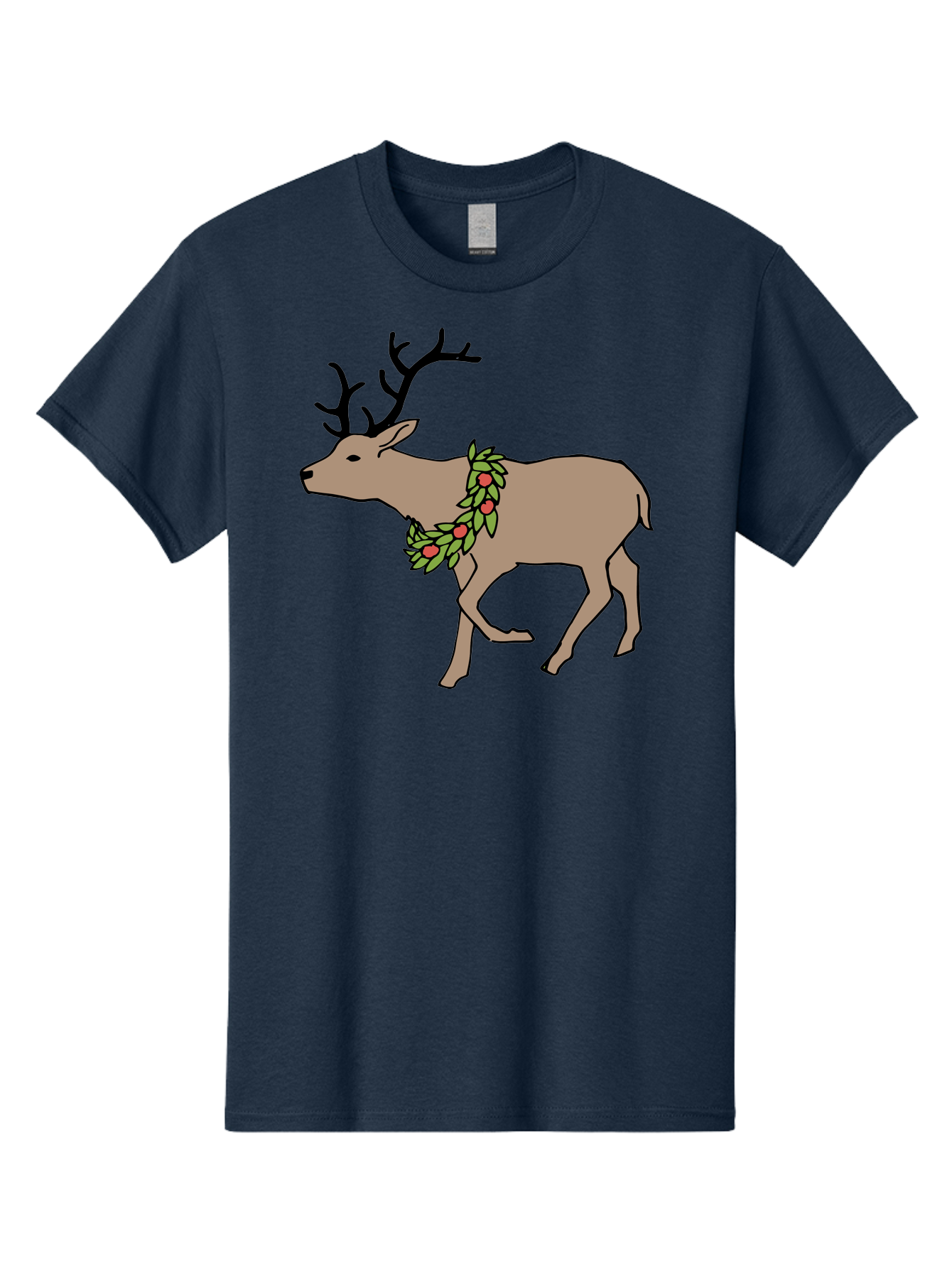 Deer-With-Holly Men'S Graphic Tee, 100% Cotton, Comfortable Casual Summer Wear, Machine Washable, Reindeer With Holly Wreath, Festive Deer, Christmas Reindeer, Holly Berries, Winter Season, Holiday Graphics, Cartoon Deer - Aaa852