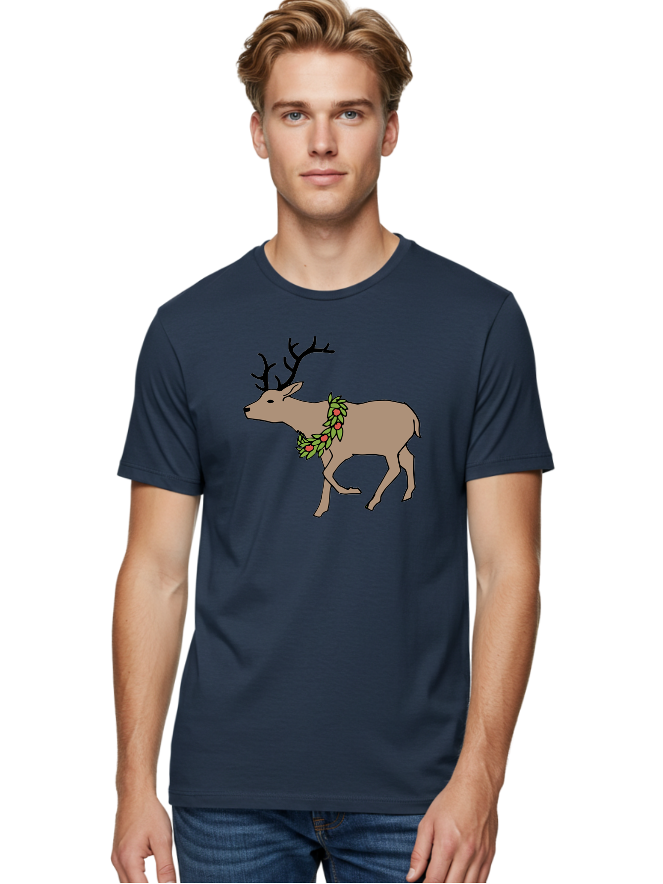 Deer-With-Holly Men'S Graphic Tee, 100% Cotton, Comfortable Casual Summer Wear, Machine Washable, Reindeer With Holly Wreath, Festive Deer, Christmas Reindeer, Holly Berries, Winter Season, Holiday Graphics, Cartoon Deer - Aaa852
