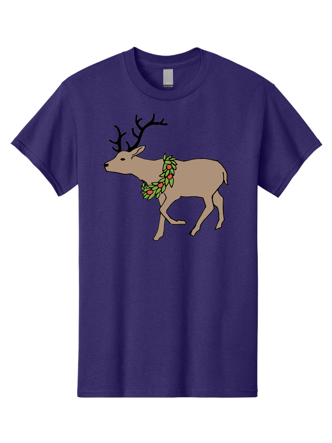 Deer-With-Holly Men'S Graphic Tee, 100% Cotton, Comfortable Casual Summer Wear, Machine Washable, Reindeer With Holly Wreath, Festive Deer, Christmas Reindeer, Holly Berries, Winter Season, Holiday Graphics, Cartoon Deer - Aaa852