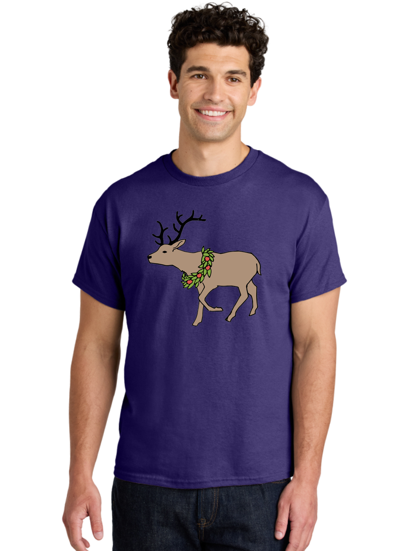 Deer-With-Holly Men'S Graphic Tee, 100% Cotton, Comfortable Casual Summer Wear, Machine Washable, Reindeer With Holly Wreath, Festive Deer, Christmas Reindeer, Holly Berries, Winter Season, Holiday Graphics, Cartoon Deer - Aaa852