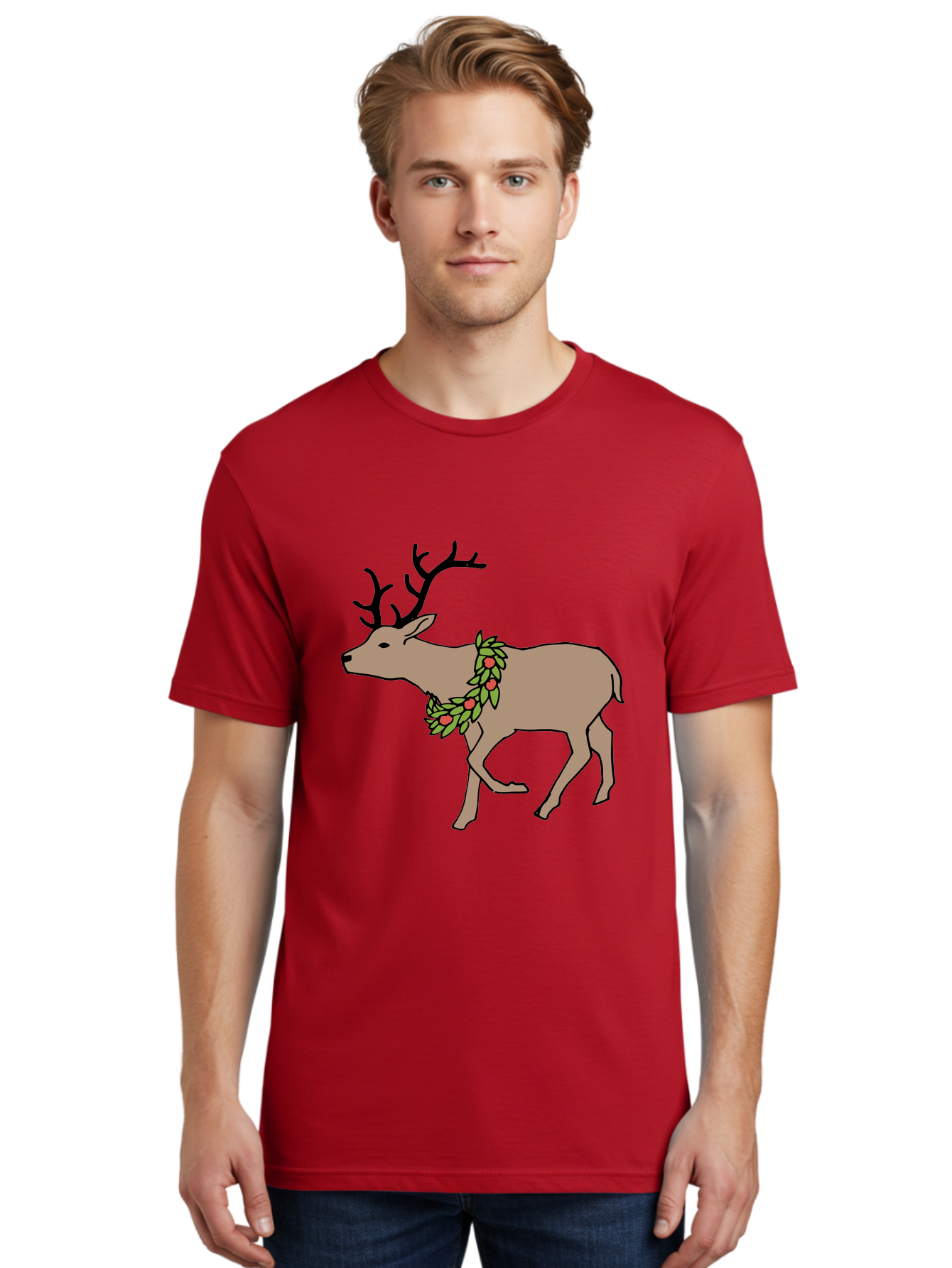 Deer-With-Holly Men'S Graphic Tee, 100% Cotton, Comfortable Casual Summer Wear, Machine Washable, Reindeer With Holly Wreath, Festive Deer, Christmas Reindeer, Holly Berries, Winter Season, Holiday Graphics, Cartoon Deer - Aaa852