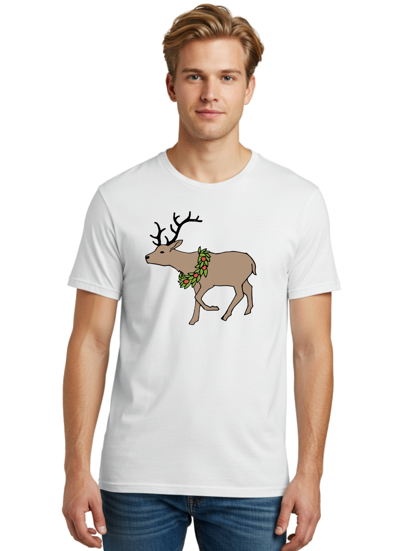 Deer-With-Holly Men'S Graphic Tee, 100% Cotton, Comfortable Casual Summer Wear, Machine Washable, Reindeer With Holly Wreath, Festive Deer, Christmas Reindeer, Holly Berries, Winter Season, Holiday Graphics, Cartoon Deer - Aaa852
