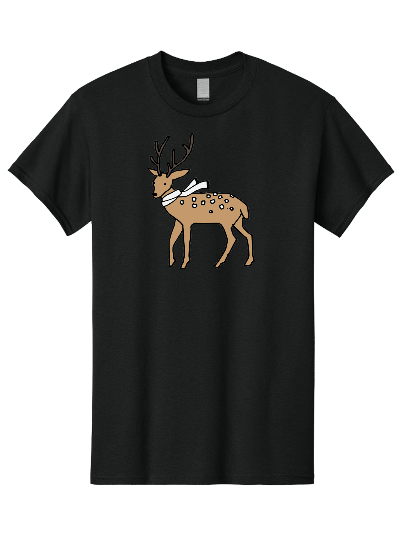 Deer-With-Scarf Men'S Graphic Tee, 100% Cotton, Comfortable Casual Summer Wear, Machine Washable, Cartoon Deer, Brown Deer, White Scarf, Black Spots, Festive Animal, Winter Illustration, Holiday Character, Deer Illustration, Scarf Wrapped, - Aaa853