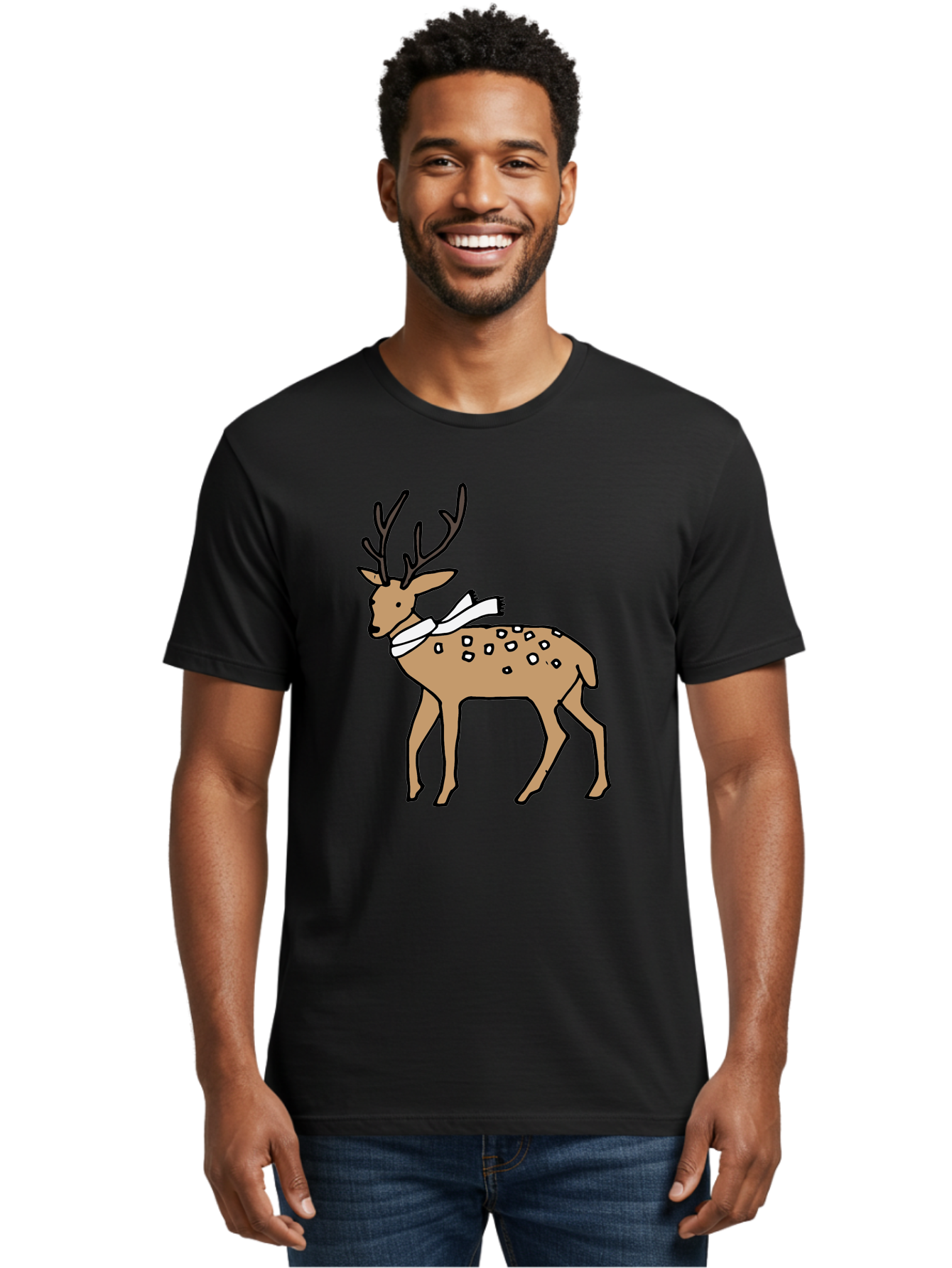 Deer-With-Scarf Men'S Graphic Tee, 100% Cotton, Comfortable Casual Summer Wear, Machine Washable, Cartoon Deer, Brown Deer, White Scarf, Black Spots, Festive Animal, Winter Illustration, Holiday Character, Deer Illustration, Scarf Wrapped, - Aaa853