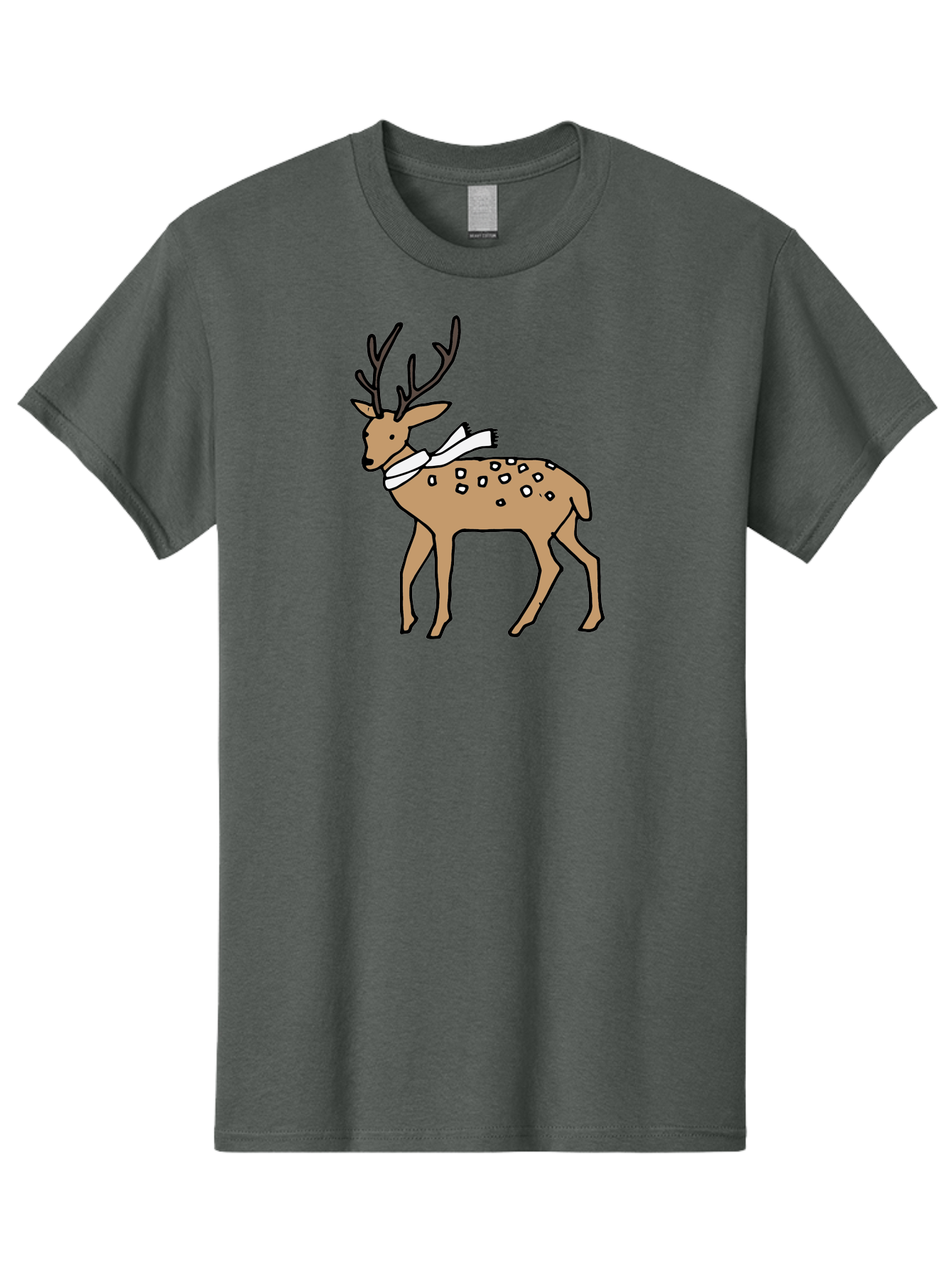 Deer-With-Scarf Men'S Graphic Tee, 100% Cotton, Comfortable Casual Summer Wear, Machine Washable, Cartoon Deer, Brown Deer, White Scarf, Black Spots, Festive Animal, Winter Illustration, Holiday Character, Deer Illustration, Scarf Wrapped, - Aaa853