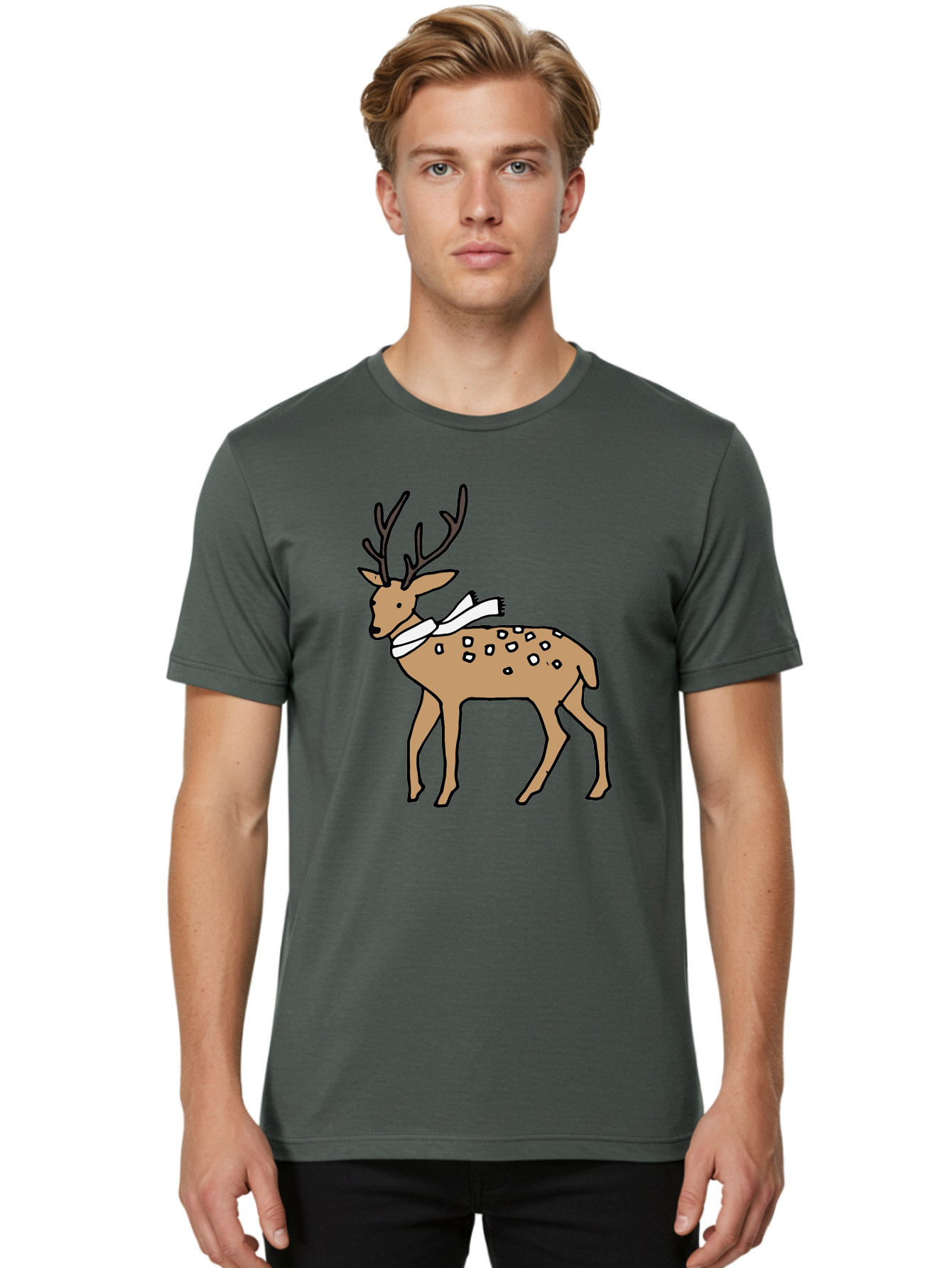 Deer-With-Scarf Men'S Graphic Tee, 100% Cotton, Comfortable Casual Summer Wear, Machine Washable, Cartoon Deer, Brown Deer, White Scarf, Black Spots, Festive Animal, Winter Illustration, Holiday Character, Deer Illustration, Scarf Wrapped, - Aaa853