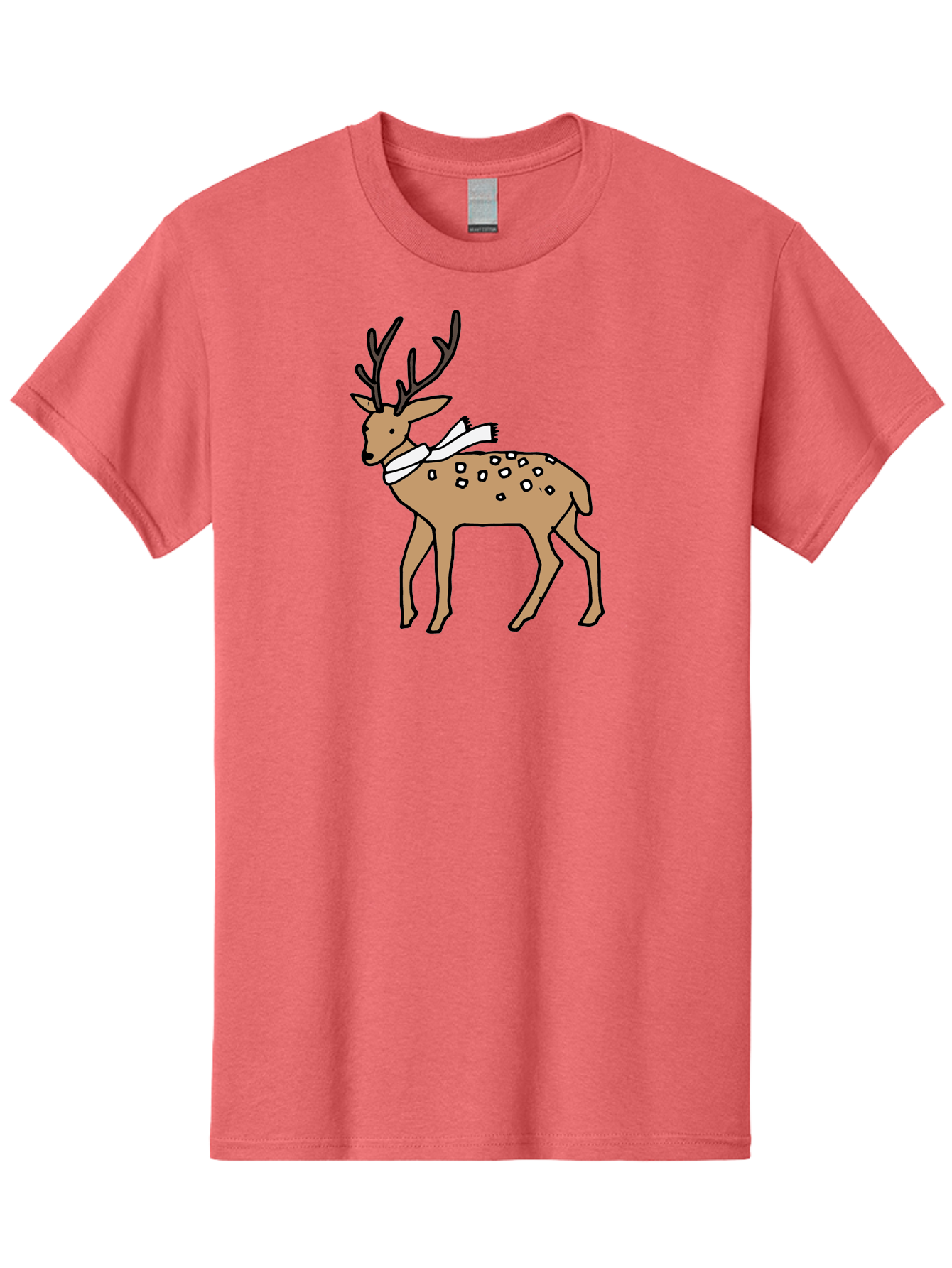 Deer-With-Scarf Men'S Graphic Tee, 100% Cotton, Comfortable Casual Summer Wear, Machine Washable, Cartoon Deer, Brown Deer, White Scarf, Black Spots, Festive Animal, Winter Illustration, Holiday Character, Deer Illustration, Scarf Wrapped, - Aaa853