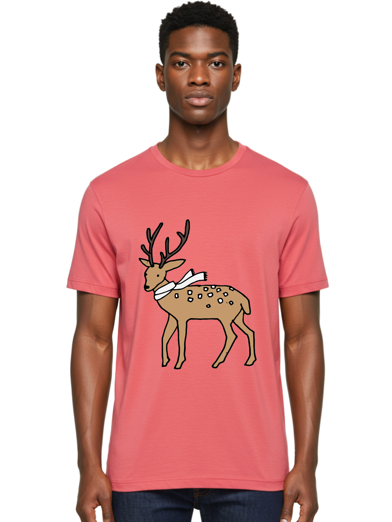 Deer-With-Scarf Men'S Graphic Tee, 100% Cotton, Comfortable Casual Summer Wear, Machine Washable, Cartoon Deer, Brown Deer, White Scarf, Black Spots, Festive Animal, Winter Illustration, Holiday Character, Deer Illustration, Scarf Wrapped, - Aaa853