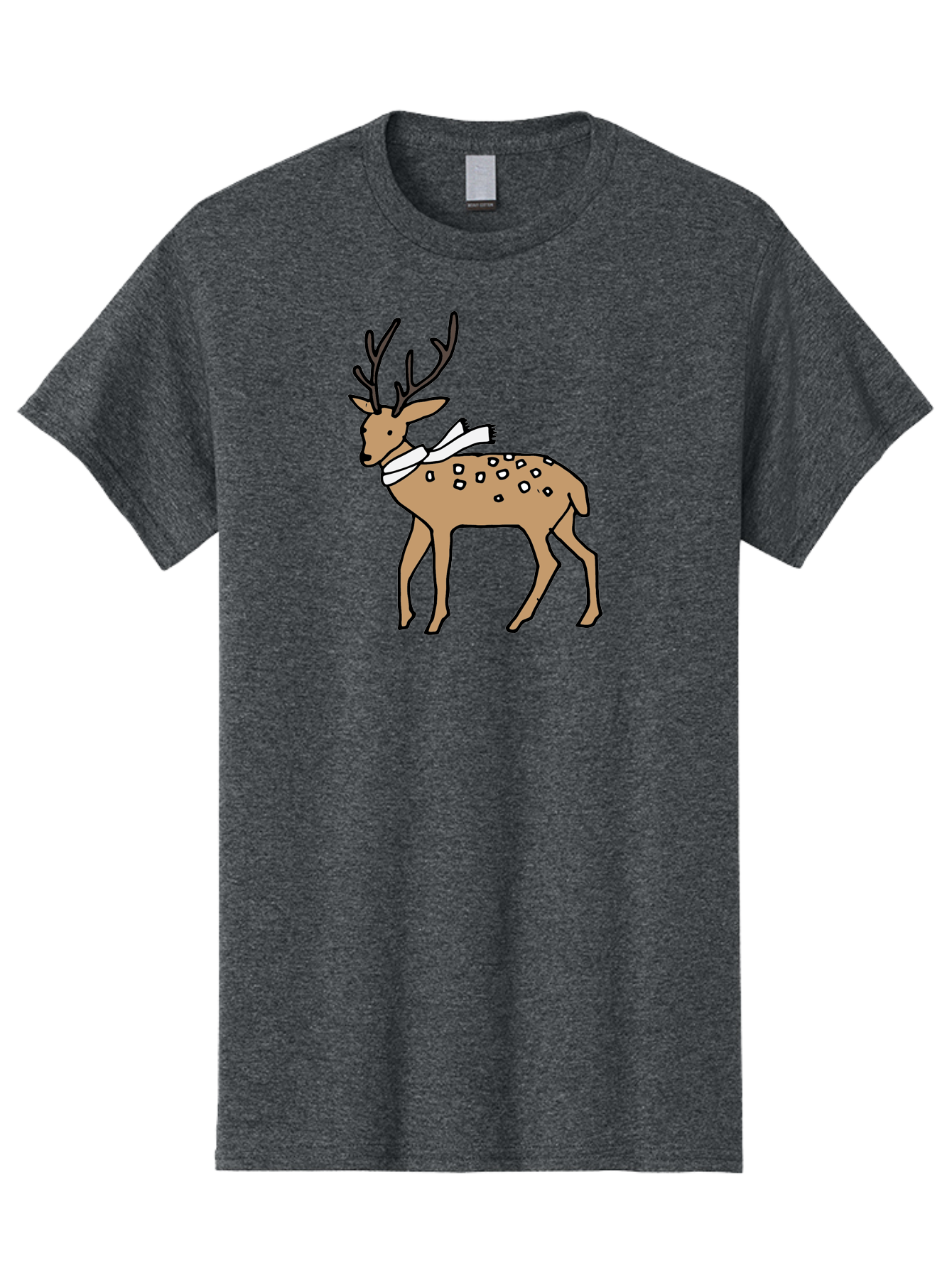 Deer-With-Scarf Men'S Graphic Tee, 100% Cotton, Comfortable Casual Summer Wear, Machine Washable, Cartoon Deer, Brown Deer, White Scarf, Black Spots, Festive Animal, Winter Illustration, Holiday Character, Deer Illustration, Scarf Wrapped, - Aaa853