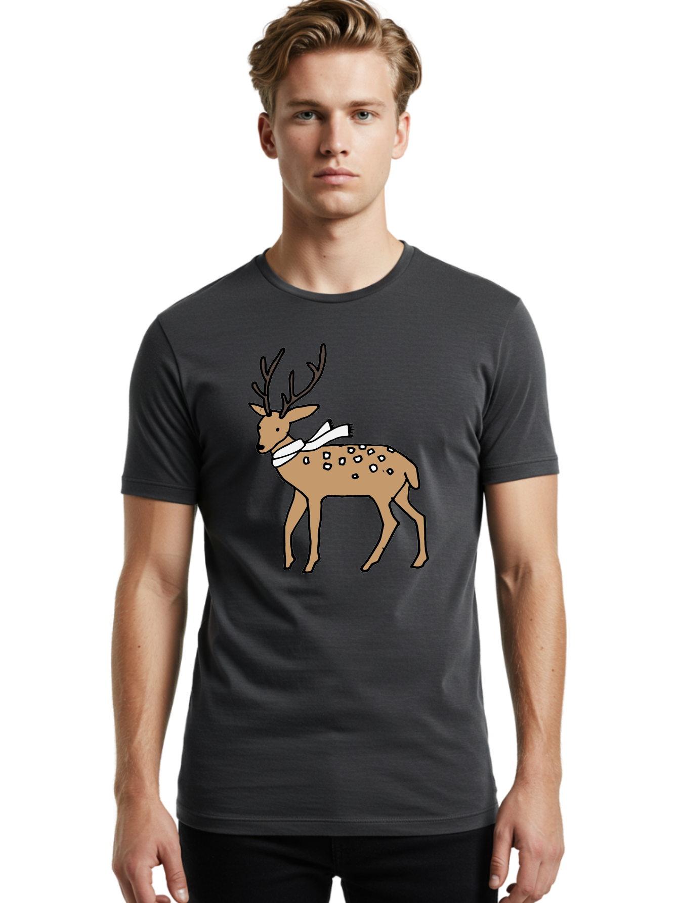 Deer-With-Scarf Men'S Graphic Tee, 100% Cotton, Comfortable Casual Summer Wear, Machine Washable, Cartoon Deer, Brown Deer, White Scarf, Black Spots, Festive Animal, Winter Illustration, Holiday Character, Deer Illustration, Scarf Wrapped, - Aaa853