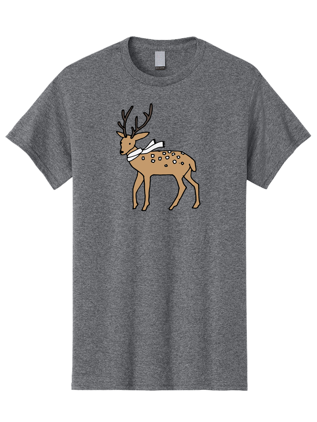 Deer-With-Scarf Men'S Graphic Tee, 100% Cotton, Comfortable Casual Summer Wear, Machine Washable, Cartoon Deer, Brown Deer, White Scarf, Black Spots, Festive Animal, Winter Illustration, Holiday Character, Deer Illustration, Scarf Wrapped, - Aaa853