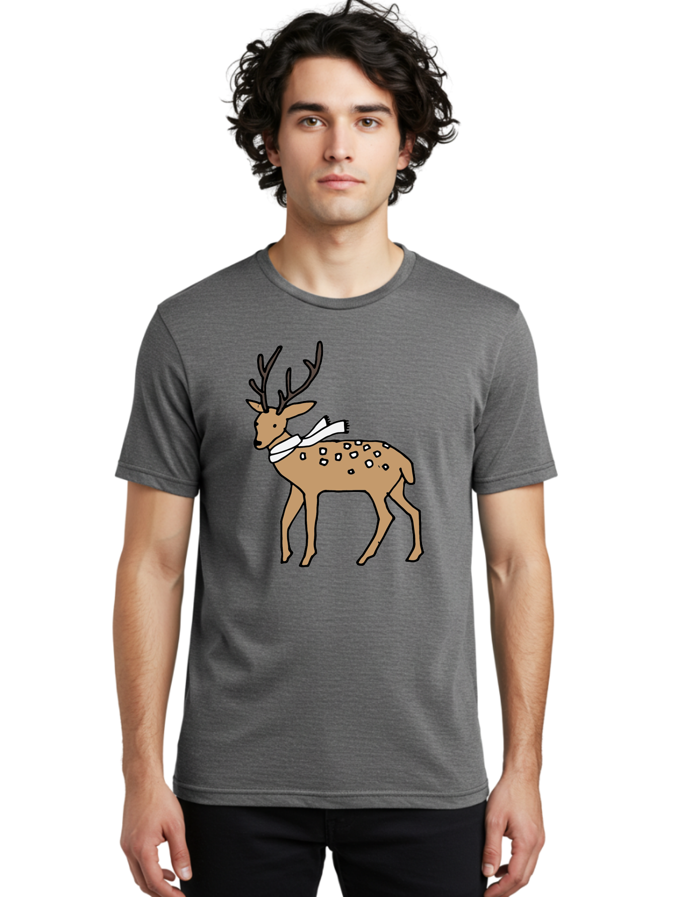 Deer-With-Scarf Men'S Graphic Tee, 100% Cotton, Comfortable Casual Summer Wear, Machine Washable, Cartoon Deer, Brown Deer, White Scarf, Black Spots, Festive Animal, Winter Illustration, Holiday Character, Deer Illustration, Scarf Wrapped, - Aaa853