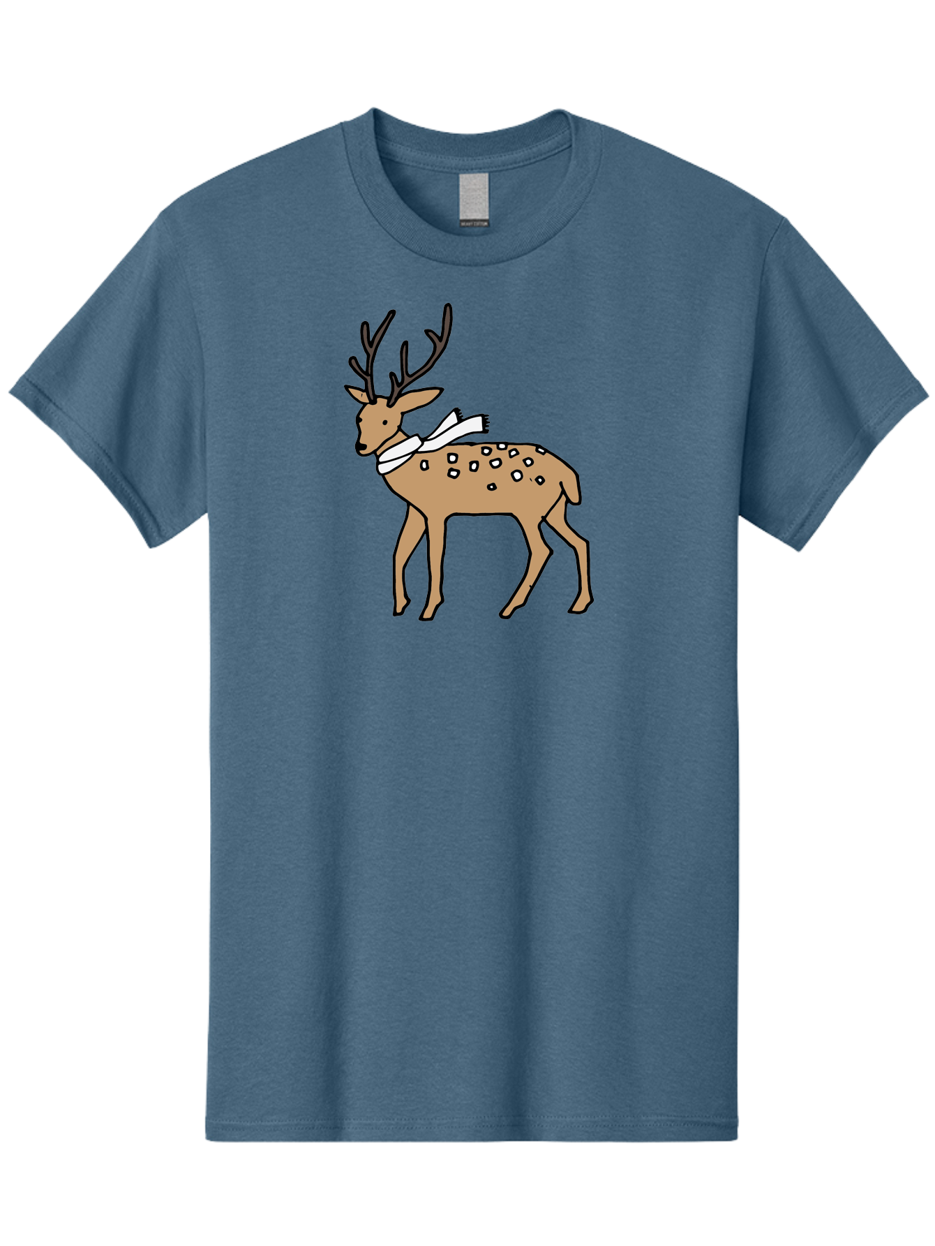Deer-With-Scarf Men'S Graphic Tee, 100% Cotton, Comfortable Casual Summer Wear, Machine Washable, Cartoon Deer, Brown Deer, White Scarf, Black Spots, Festive Animal, Winter Illustration, Holiday Character, Deer Illustration, Scarf Wrapped, - Aaa853