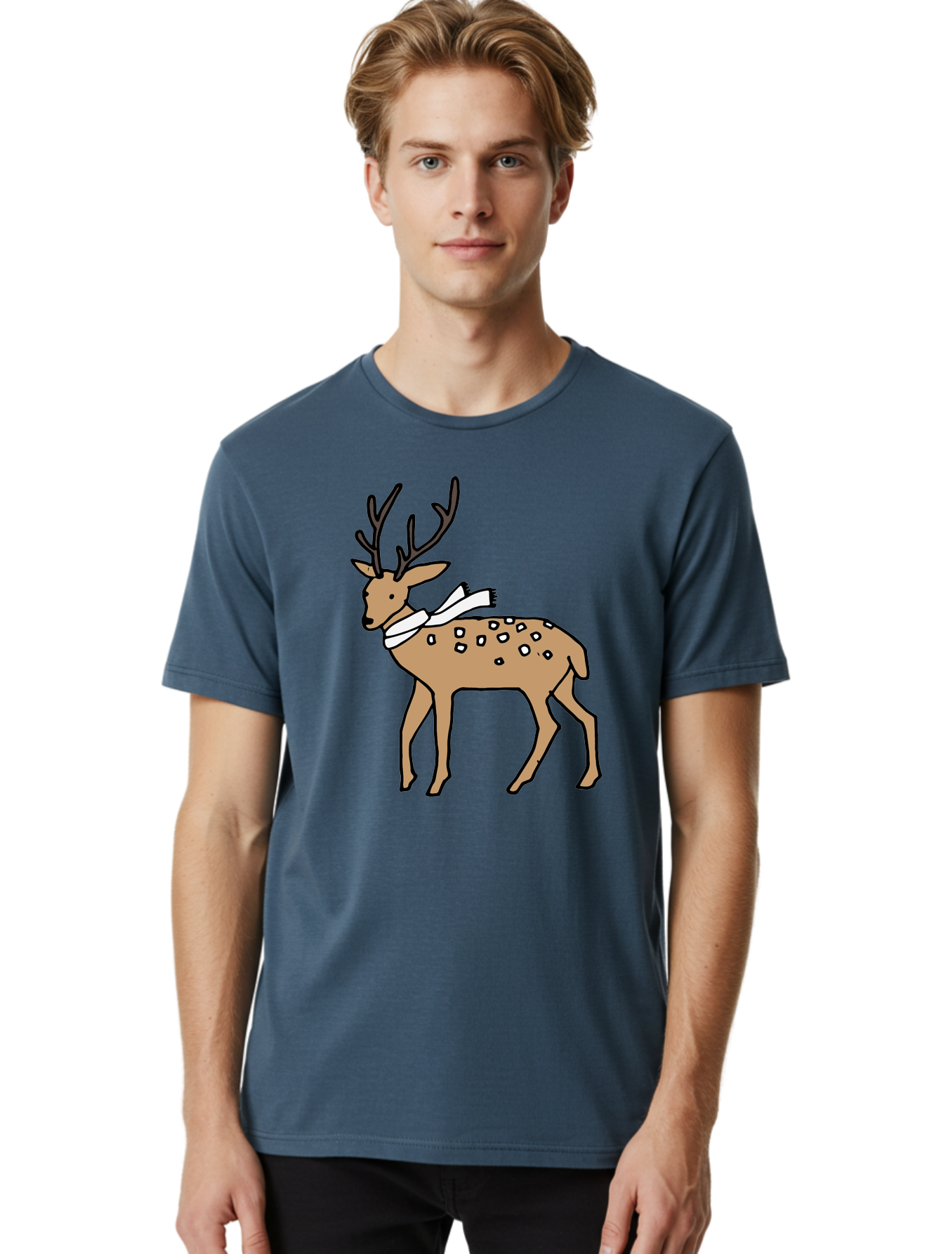 Deer-With-Scarf Men'S Graphic Tee, 100% Cotton, Comfortable Casual Summer Wear, Machine Washable, Cartoon Deer, Brown Deer, White Scarf, Black Spots, Festive Animal, Winter Illustration, Holiday Character, Deer Illustration, Scarf Wrapped, - Aaa853