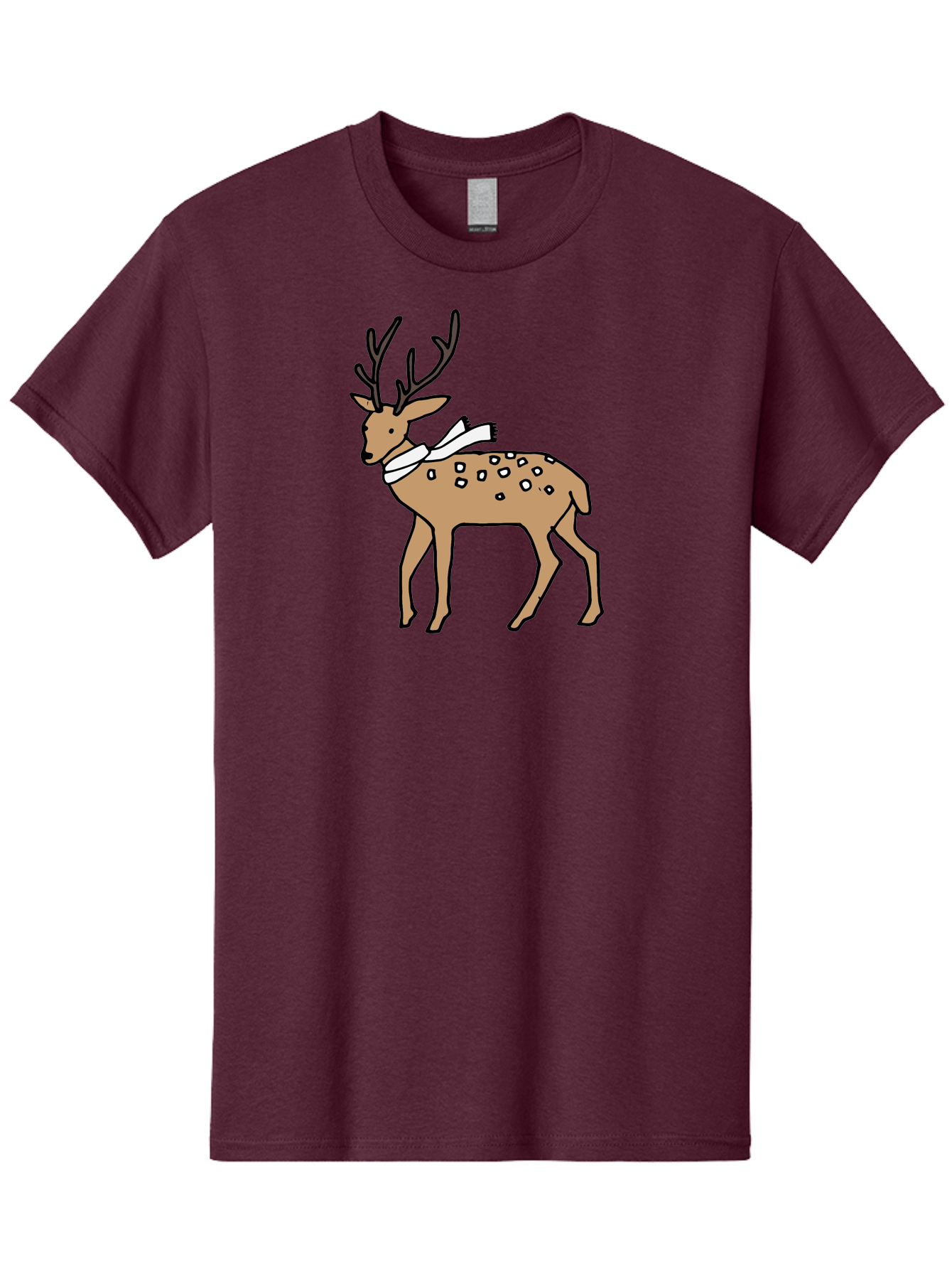 Deer-With-Scarf Men'S Graphic Tee, 100% Cotton, Comfortable Casual Summer Wear, Machine Washable, Cartoon Deer, Brown Deer, White Scarf, Black Spots, Festive Animal, Winter Illustration, Holiday Character, Deer Illustration, Scarf Wrapped, - Aaa853