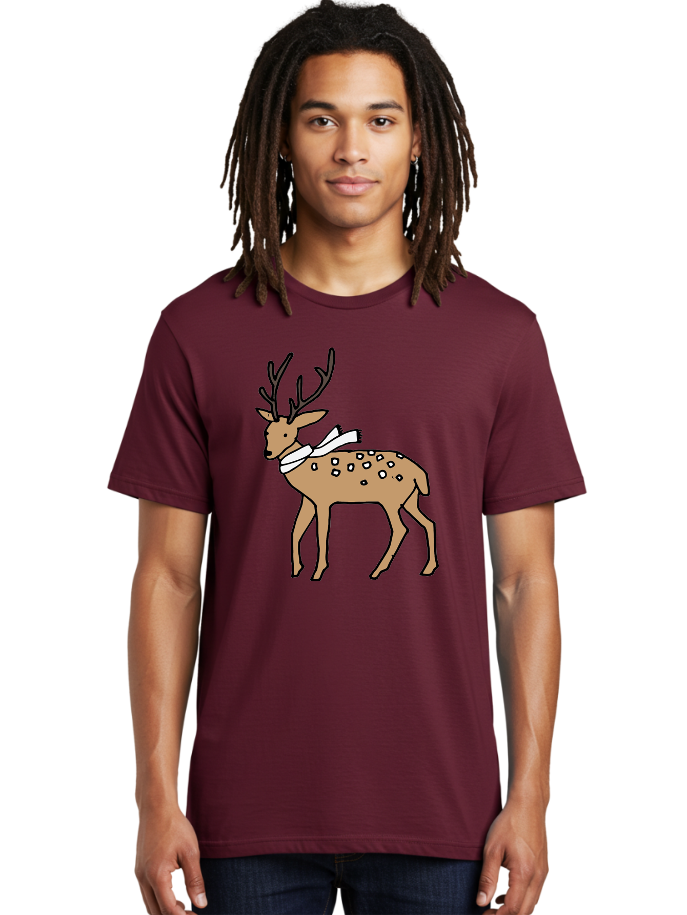 Deer-With-Scarf Men'S Graphic Tee, 100% Cotton, Comfortable Casual Summer Wear, Machine Washable, Cartoon Deer, Brown Deer, White Scarf, Black Spots, Festive Animal, Winter Illustration, Holiday Character, Deer Illustration, Scarf Wrapped, - Aaa853