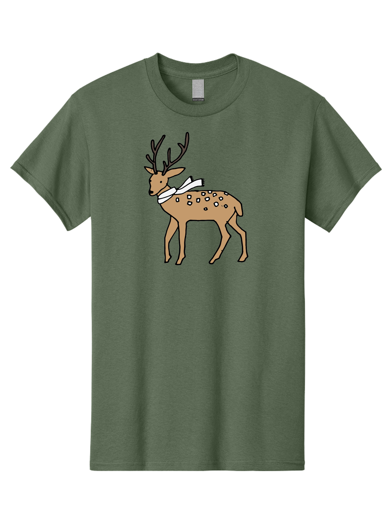 Deer-With-Scarf Men'S Graphic Tee, 100% Cotton, Comfortable Casual Summer Wear, Machine Washable, Cartoon Deer, Brown Deer, White Scarf, Black Spots, Festive Animal, Winter Illustration, Holiday Character, Deer Illustration, Scarf Wrapped, - Aaa853