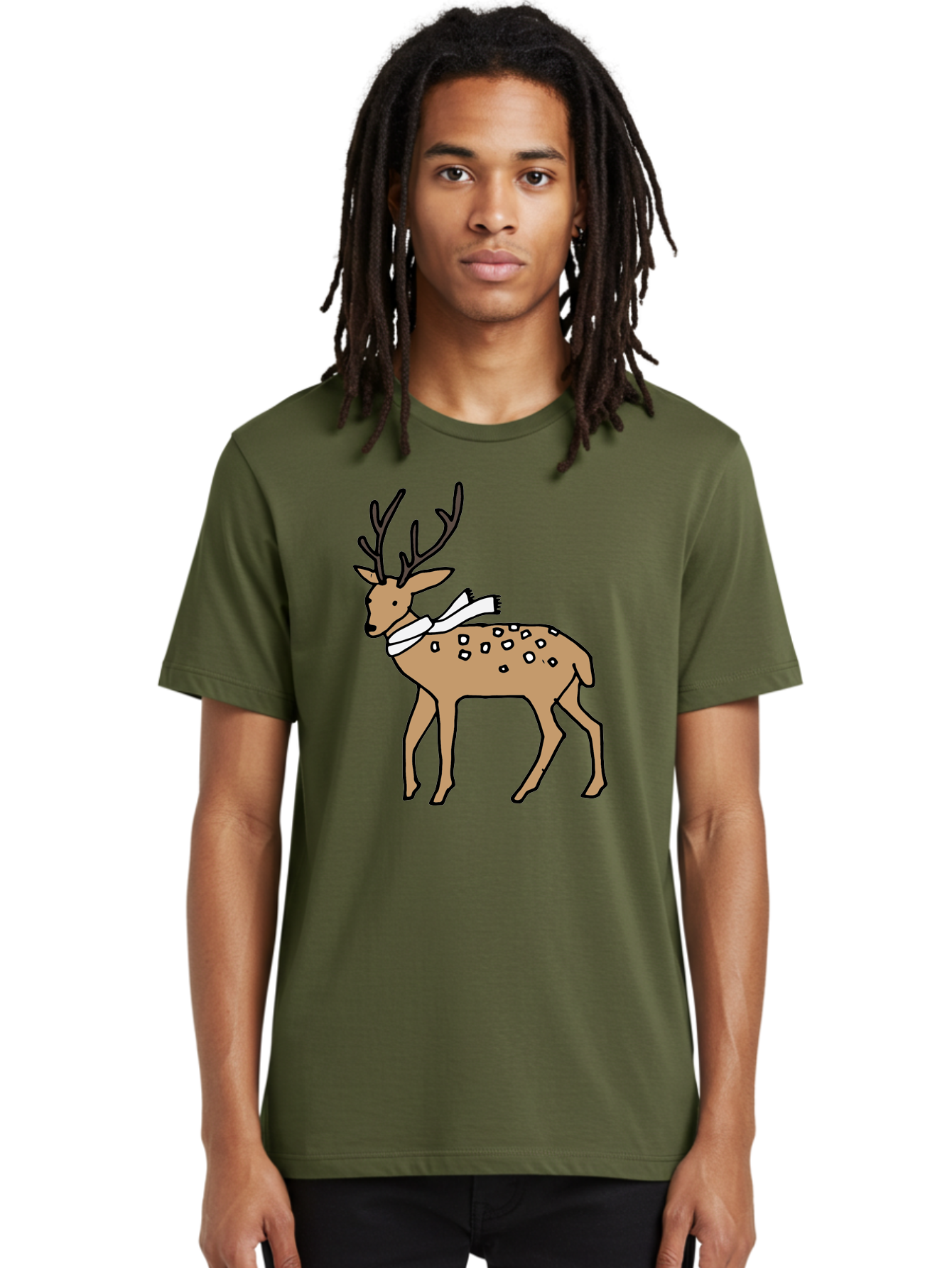 Deer-With-Scarf Men'S Graphic Tee, 100% Cotton, Comfortable Casual Summer Wear, Machine Washable, Cartoon Deer, Brown Deer, White Scarf, Black Spots, Festive Animal, Winter Illustration, Holiday Character, Deer Illustration, Scarf Wrapped, - Aaa853