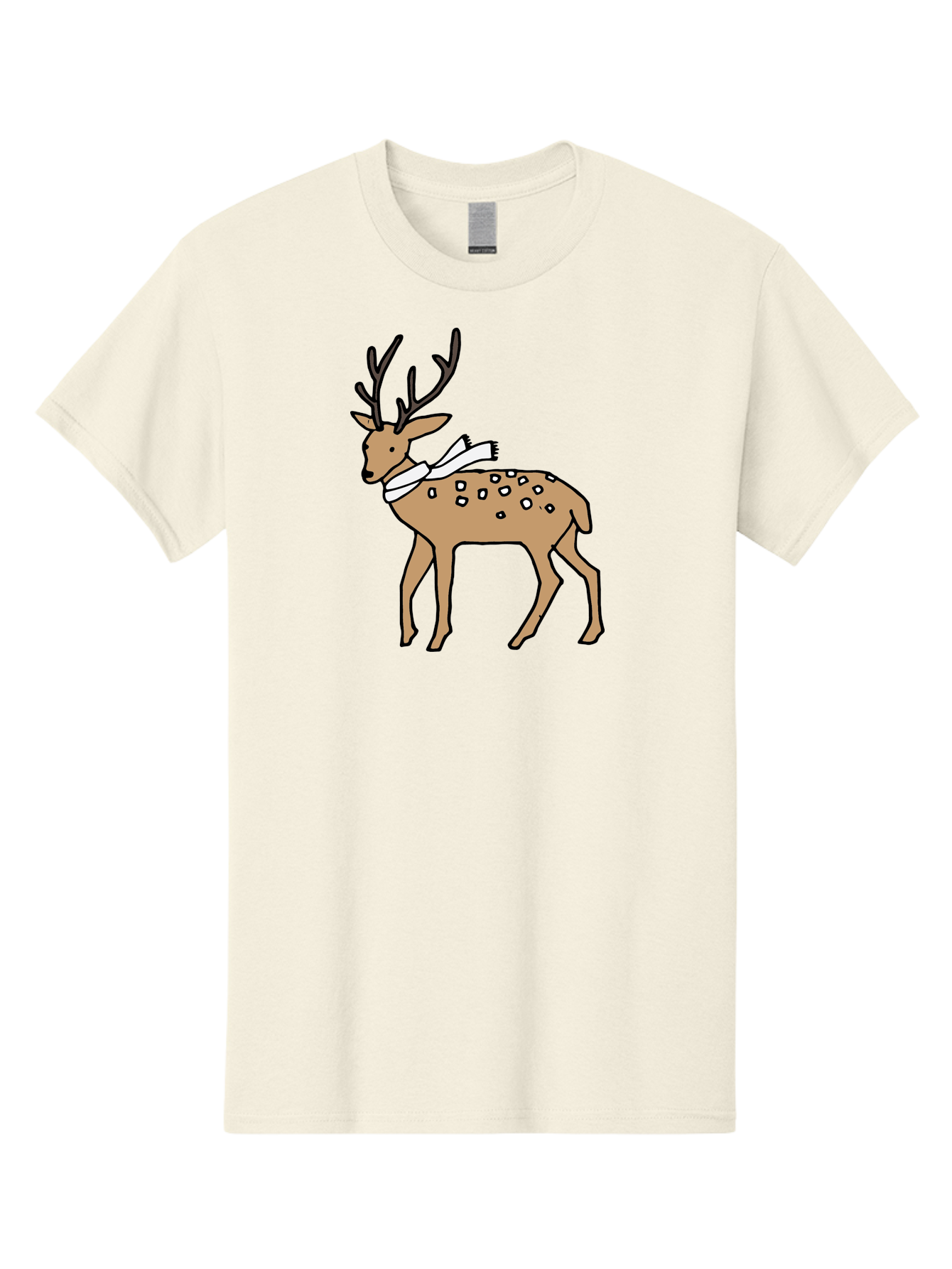 Deer-With-Scarf Men'S Graphic Tee, 100% Cotton, Comfortable Casual Summer Wear, Machine Washable, Cartoon Deer, Brown Deer, White Scarf, Black Spots, Festive Animal, Winter Illustration, Holiday Character, Deer Illustration, Scarf Wrapped, - Aaa853