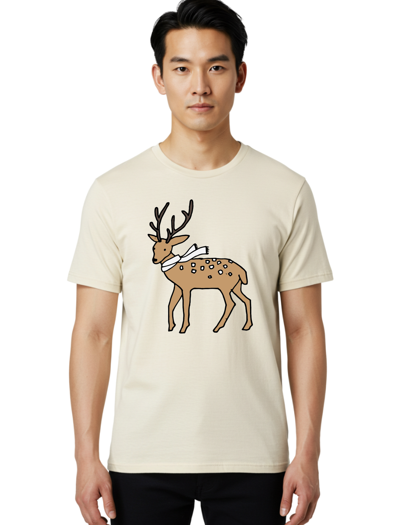 Deer-With-Scarf Men'S Graphic Tee, 100% Cotton, Comfortable Casual Summer Wear, Machine Washable, Cartoon Deer, Brown Deer, White Scarf, Black Spots, Festive Animal, Winter Illustration, Holiday Character, Deer Illustration, Scarf Wrapped, - Aaa853